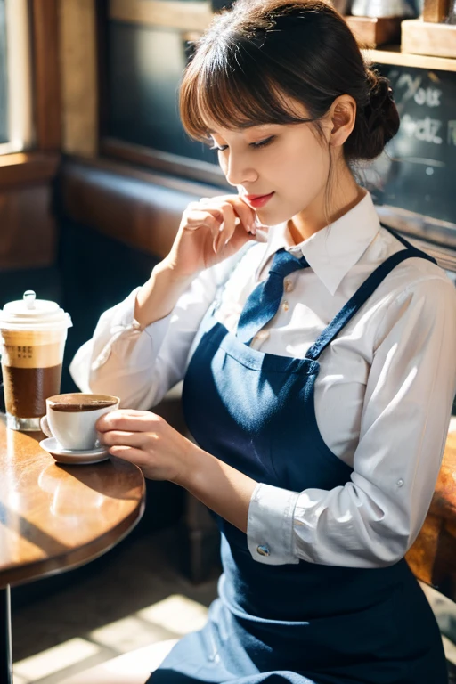 A beautiful girl is having a coffee in a vintage coffeeshop, professional light, wearing office dress, white shirt, blue skirt, A high resolution, perfect anatomy, one girl only, single girl, 1girl, solo, (advanced facial details), A high resolution, beautiful, masterpiece, best quality, photorealistic, photorealistic perfect body v.1.1