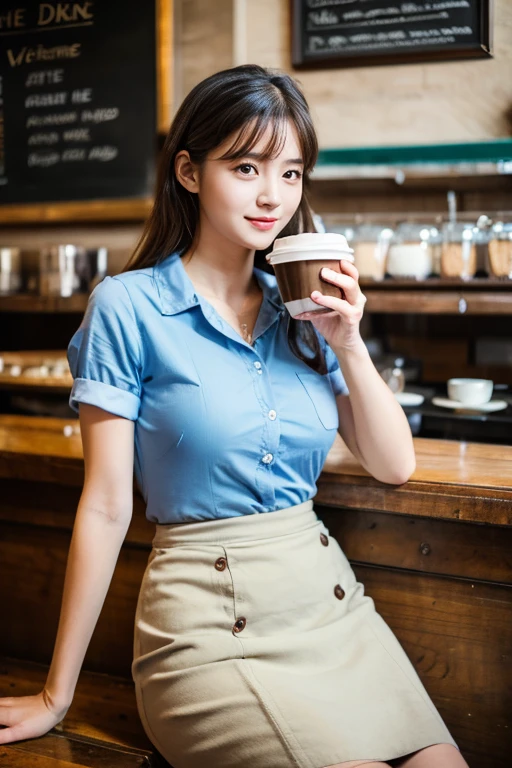A beautiful girl is having a coffee in a vintage coffeeshop, professional light, wearing office dress, white shirt, blue skirt, A high resolution, perfect anatomy, one girl only, single girl, 1girl, solo, (advanced facial details), A high resolution, beautiful, masterpiece, best quality, photorealistic, photorealistic perfect body v.1.1