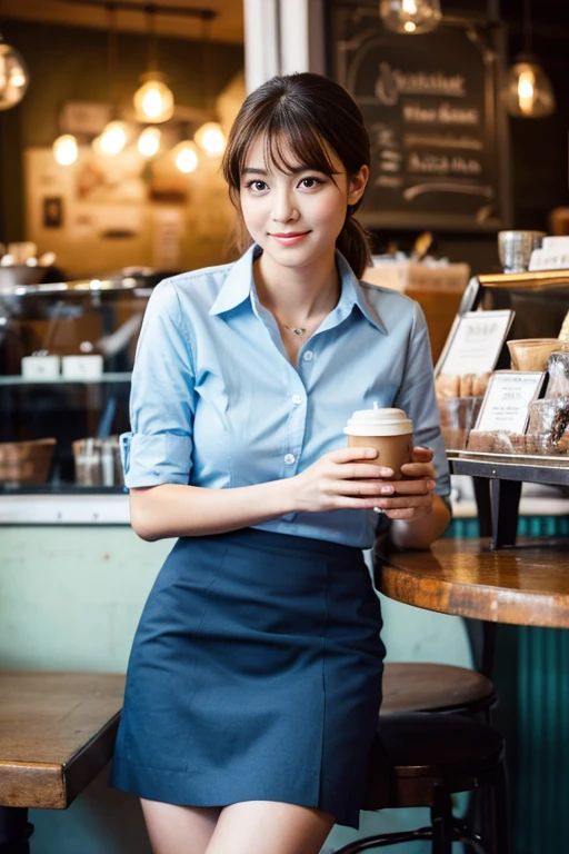 A beautiful girl is having a coffee in a vintage coffeeshop, professional light, wearing office dress, white shirt, blue skirt, A high resolution, perfect anatomy, one girl only, single girl, 1girl, solo, (advanced facial details), A high resolution, beautiful, masterpiece, best quality, photorealistic, photorealistic perfect body v.1.1