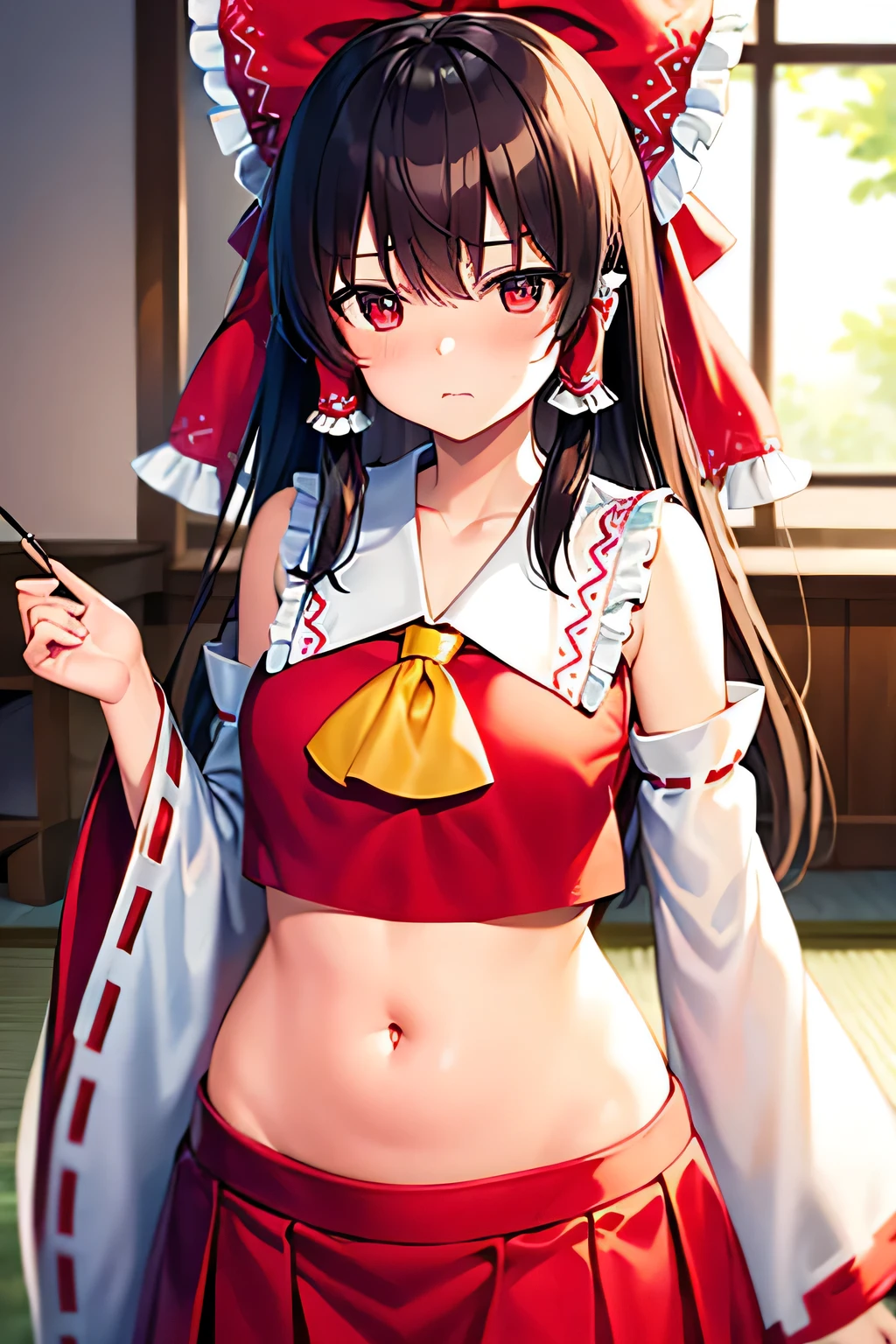 super fine illustration, vibrant colors, masterpiece, sharp focus, best quality, depth of field, cinematic lighting, ultra detailed, blush, belly button, navel, tummy, shrine maiden, hakurei reimu, 1girl, hair bow, ascot, hair tubes, detached sleeves, red shirt, red skirt, very long hair, dark brown hair, indoors, mature woman, ,hakurei reimu, 1girl, hair bow, ascot, hair tubes, miko, detached sleeves, Reimu Hakurei, annoyed,