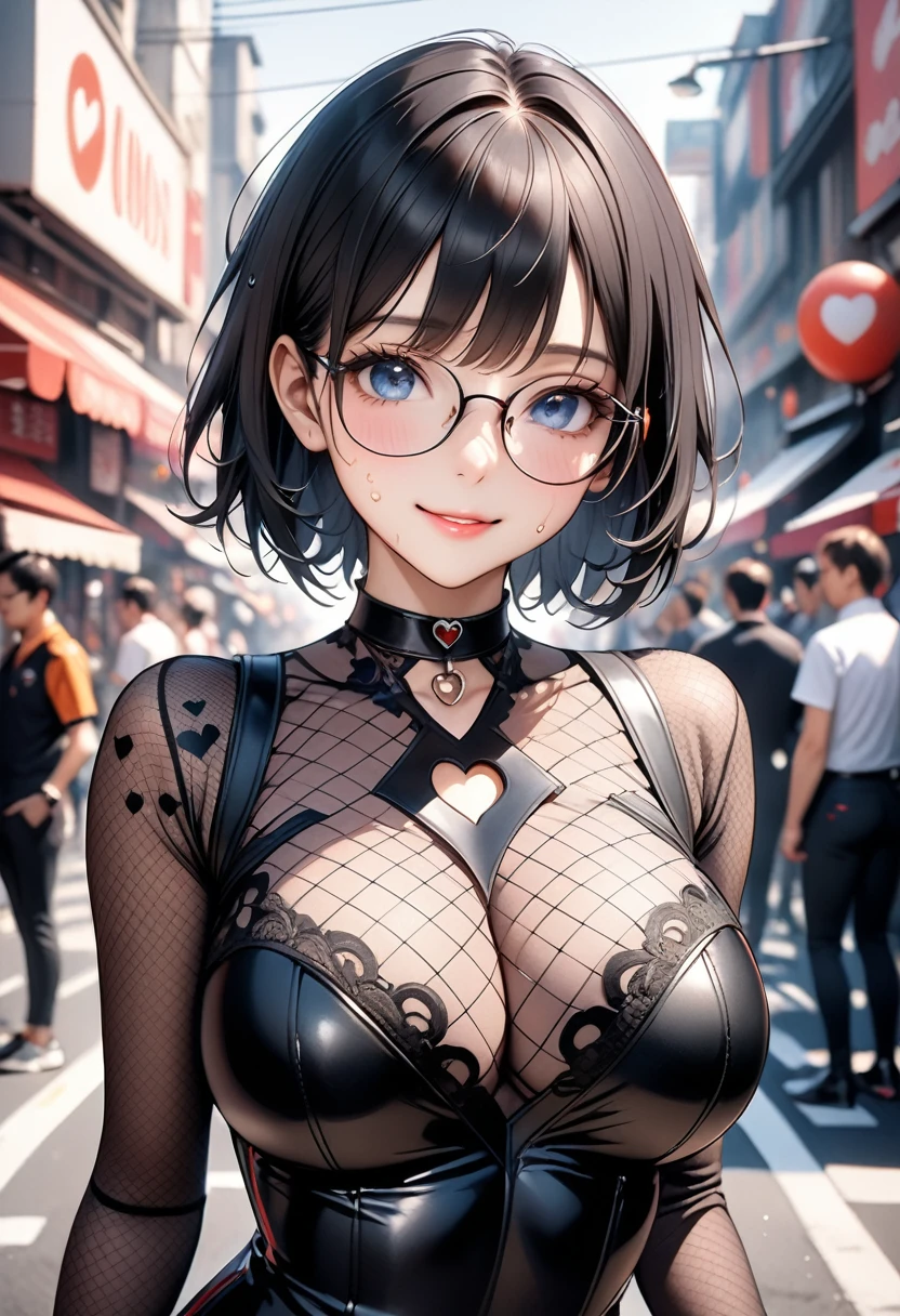  ai-generated,One girl,18-year-old,Perfect hands, Perfect Fingers,Perfect Anatomy, masterpiece, Highest quality,Realistic, hyperRealistic, 16k hdr,, pain, short hair, Black Hair, blue eyes, Glasses, (Sexy Lace Queen,Bodysuits,Grid Girl Costume Print Logo,:1.2),Outdoor,Are standing,(Sweat:1.2),(Smile),Large Breasts,choker,(Sexy pose:1.2),(heart dress_keyhole_Cleavage),