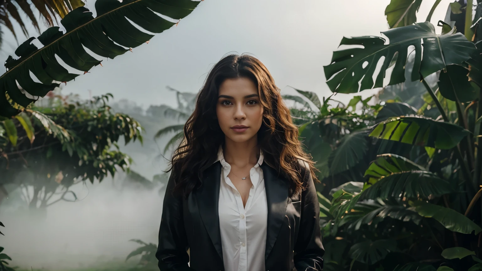 Woman about 35, curly brunette, looking straight , there is a lot of fog and tropical plants nearby, clothing business suit, Business Lady , a lot of fog and aesthetics. Professional photo shoot. photo seesiya bright, the light falls aesthetically , aesthetic shades light shades predominate #f6f5e8
