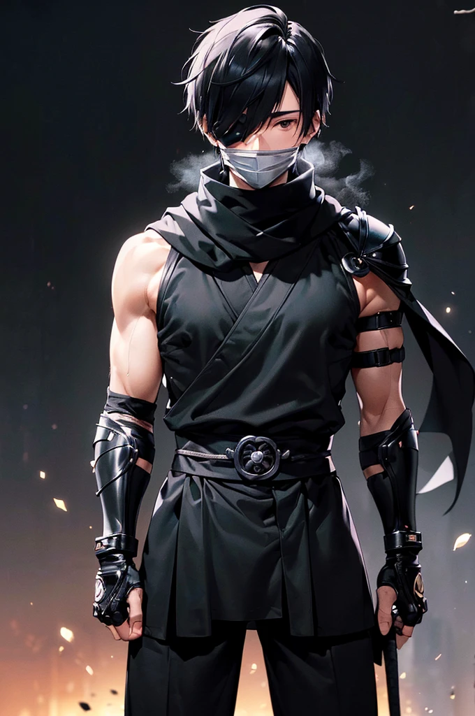 (((masterpiece; best quality: 1.2))), (finely detailed eyes: 1.3), ((1 young man)), ((solo)), (black eyes: 1.4), (body shape; lean, masculine: 1.3), (very short black hair: 1.3), (beautiful and clear background: 1.2), ((depth of field)), (equipment: black shinobi clothing + fully covered + black kimono + black pants + black scarf + black bracers + black fingerless gloves: 1.3), (anime illustration: 1.2), (background composition; old japanese mansion + night: 1.1), (extremely fine and handsome: 1.1), (shot composition; standing, holding black hard mask in hand + centered on torso + close-up: 1.5), (facial expression; calm, stoic: 1.2)