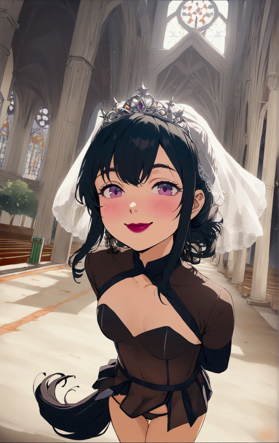((((full body)))) ASAGI, (Beautiful white wedding dress:1.2),neckline,mini skirt,Beautiful tiara,Veil,by the wide,Horse tail, For the blue, hair between the eyes, side locks, purple eyes, looking at the viewer, church,(High resolution, high quality:1.1), intricate details, cinematic lighting, 1 girl,happy smile,((show panties,from behind))