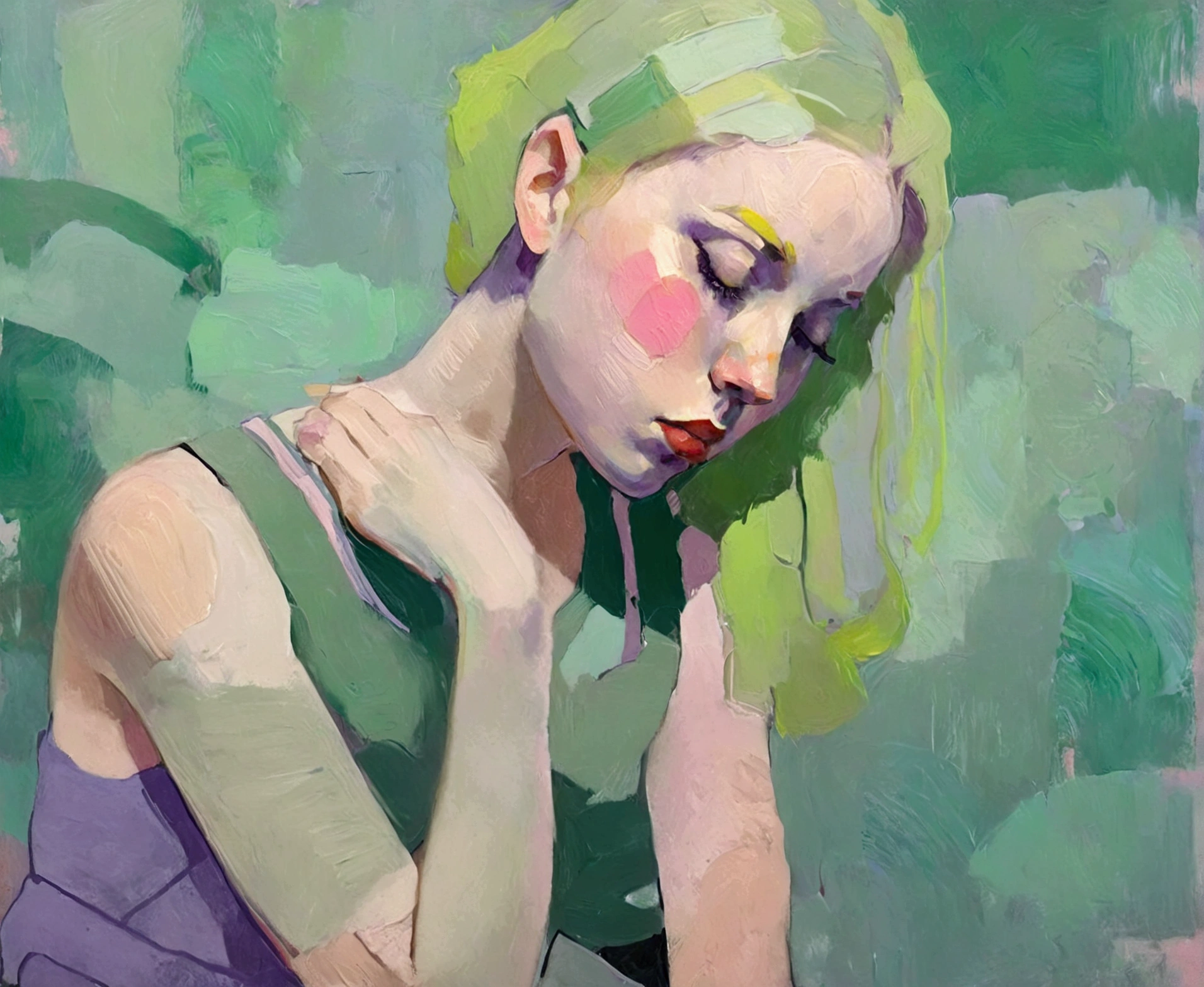 Create a portrait of a young woman in a semi-reclining pose with a pensive expression. Use a painterly style inspired by Malcolm Liepke, characterized by expressive brushstrokes and rich texture. Employ a color palette of muted greens, soft pinks, deep purples, and subtle flesh tones to evoke a sense of depth and emotion. The background should consist of abstract, textured layers in complementary colors, blending seamlessly with the figure. Pay attention to the contrast between the smooth, detailed rendering of the face and the rough, textured application of paint in the surrounding areas. Capture the delicate balance of vulnerability and strength in the subject's gaze and posture