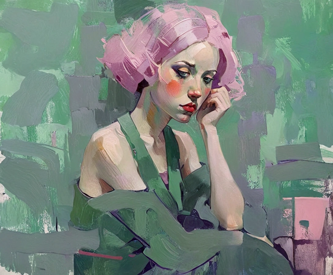 Create a portrait of a young woman in a semi-reclining pose with a pensive expression. Use a painterly style inspired by Malcolm Liepke, characterized by expressive brushstrokes and rich texture. Employ a color palette of muted greens, soft pinks, deep purples, and subtle flesh tones to evoke a sense of depth and emotion. The background should consist of abstract, textured layers in complementary colors, blending seamlessly with the figure. Pay attention to the contrast between the smooth, detailed rendering of the face and the rough, textured application of paint in the surrounding areas. Capture the delicate balance of vulnerability and strength in the subject's gaze and posture
