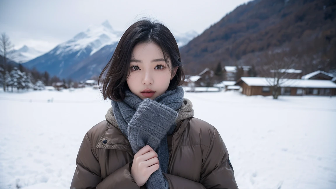 In a snowy city、Close-up of a woman posing for a photo, middle metaverse, nara michi, japanese model, beautiful asian girl, with short hair, 3~Female model in her 40s, 4 thousand ], 4K], 37 year old Korean woman, Inspired by movie star Kim Ji-won, View of the snowy landscape of Jungfrau, Switzerland. padded jacket, casual pants. thick muffler、gray muffler, Photo showing the waist area