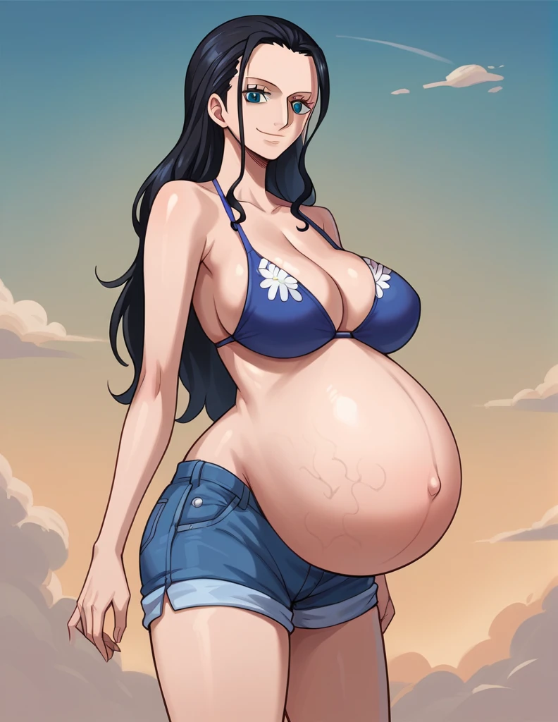 score_9, score_8_up, score_7_up, source_anime, best quality, clear face, 1girl, Nico Robin, black hair, long hair, blue eyes, large breasts, bikini, shorts, cleavage, smile, looking at viewer, sky, standing, pregnant belly, huge belly, belly