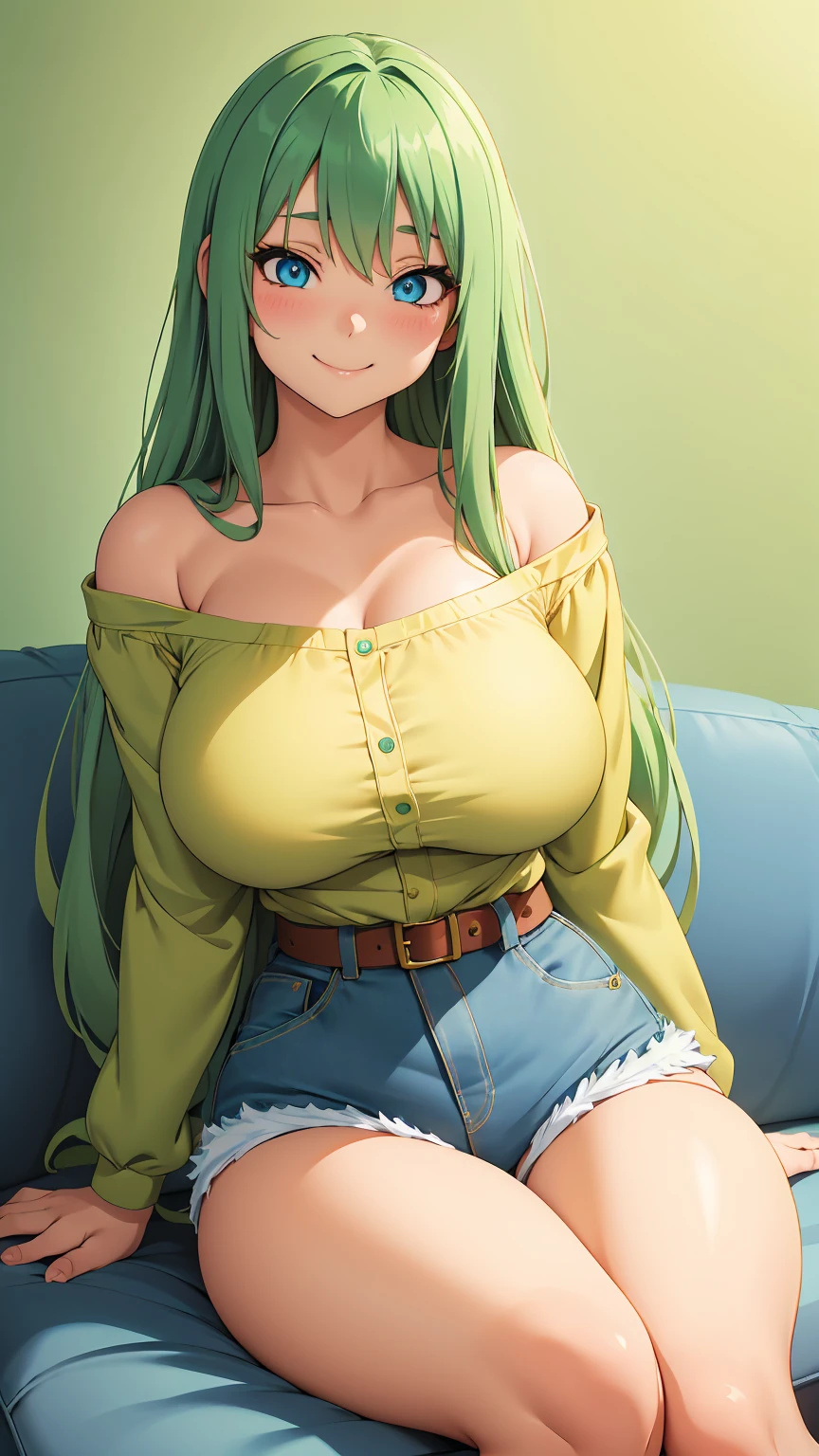 Anime girl, blue eyes, long green hair, muy voluptuosa, , big breay smile, wallpaper, cute High waist denim shorts, long sleeve blouse, strap, breasts botting on the sofa sitting in a shy pose , house