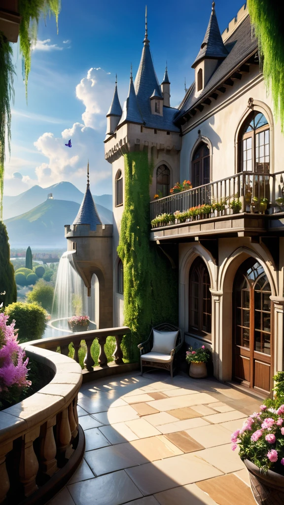 (best quality,4k,8k,highres,masterpiece:1.2),ultra-detailed,(realistic,photorealistic,photo-realistic:1.37),view from the castle balcony,courtyard of the castle of dreams,great castle,magical view,unforgettable moment,cobblestone courtyard,majestic architecture,illuminated by sunlight,ancient stone walls,ornate decorations,tall turrets and spires,hint of mist in the air,lush greenery, blooming flowers,vibrant colors,overlooking the courtyard,smooth marble balcony,fine details of the castle,shadows created by the sun,peaceful atmosphere(opposite of gloomy),gorgeous sky,fluffy clouds,picturesque mountains in the distance,weeping willow trees swaying gently,butterflies fluttering around,lively fountains,warm sunlight streaming through,whispers of enchantment,dreamlike ambiance,magical creatures(fairies,unicorns),sense of wonder and awe,sense of tranquility and serenity.