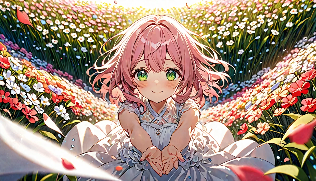 **186. One person。Scenes of friendship and love。girl。Cowboy shot or close-up。masterpiece, best quality, ultra detailed (Detailed fingers), (Emotional), (main part: 1.2 Whole body。), (Anime Style), (Very detailed), (Moving), (超High resolution, High resolution), (8k), (High resolution: 1.2), (Complex and beautiful: 1.2)**
- background: Beautiful flower fields in full bloom、Soft sunlight。
- girl: A simple, delicately drawn dress、Pink hair and green eyes。
-pose: Standing in a flower field、Reaching out。
-expression: A gentle smiling face、His gaze is fixed on someone。
- Effects: Petals fluttering down、The sunlight envelopes her。
-color: The vivid colors of the flower fields and the warmth of the sunlight、Movingな雰囲気を作り出す。
