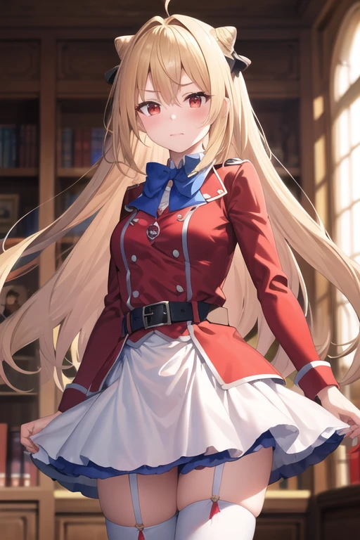 masterpiece, Highest quality, High resolution, One girl, alone, Long Hair, Blonde, Corn Hair Bun, hair ornaments, Hair Intake, Ahoge, bangs, Red eyes, Blue bow tie, Red jacket, Red coat, Long sleeve, belt, White Skirt, Garter Straps, White knee socks, Embarrassed