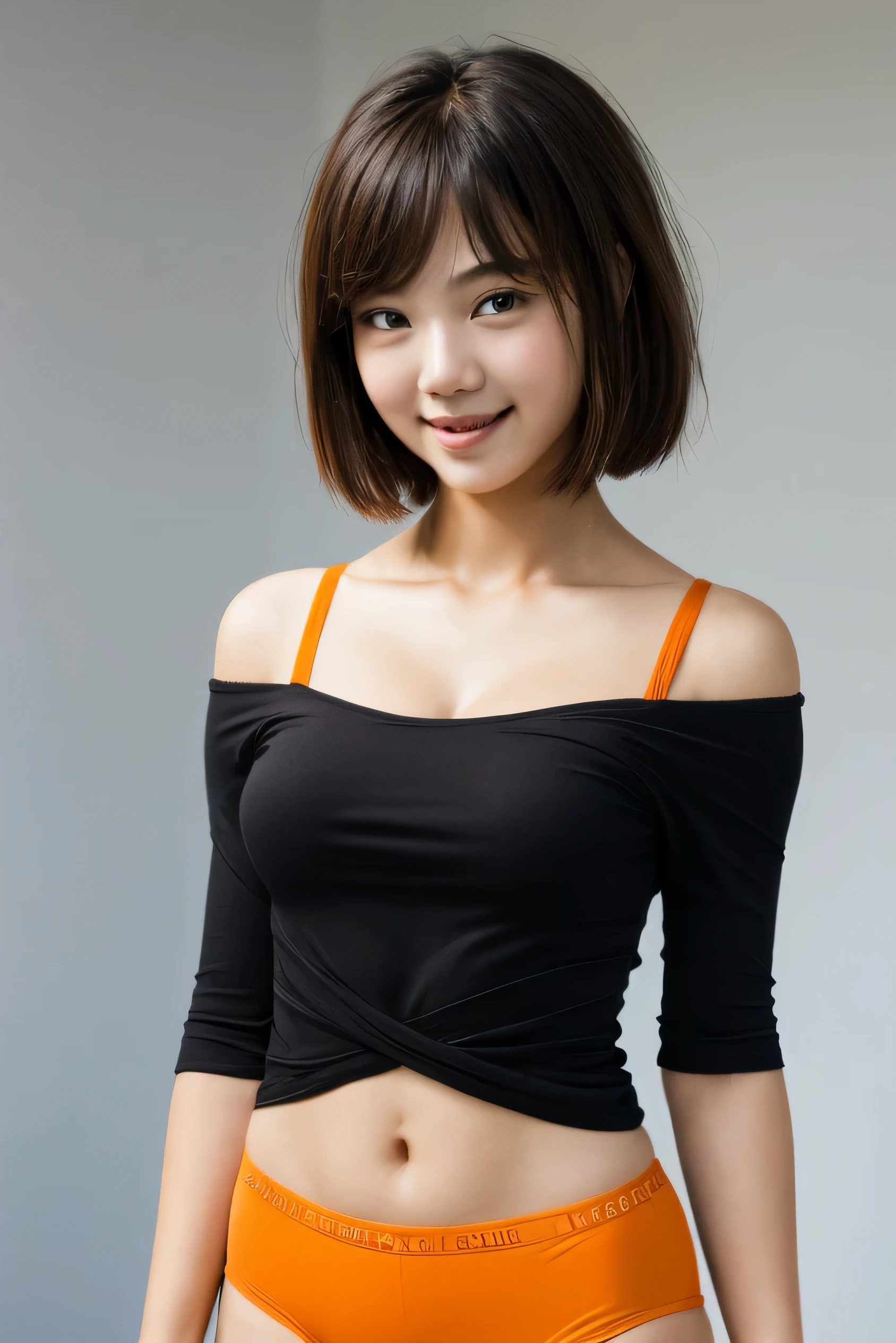 ((Half body potrait)), 1 cute girl (18yo) upper body, slim waist, small breast, sexy pose, naugthy face, bangs, ((Very short haircut1.7)), cleavage, navel, off shoulder, seductive smile, wear orange sexy underwear, gray background, ((Realistic:1.3)).