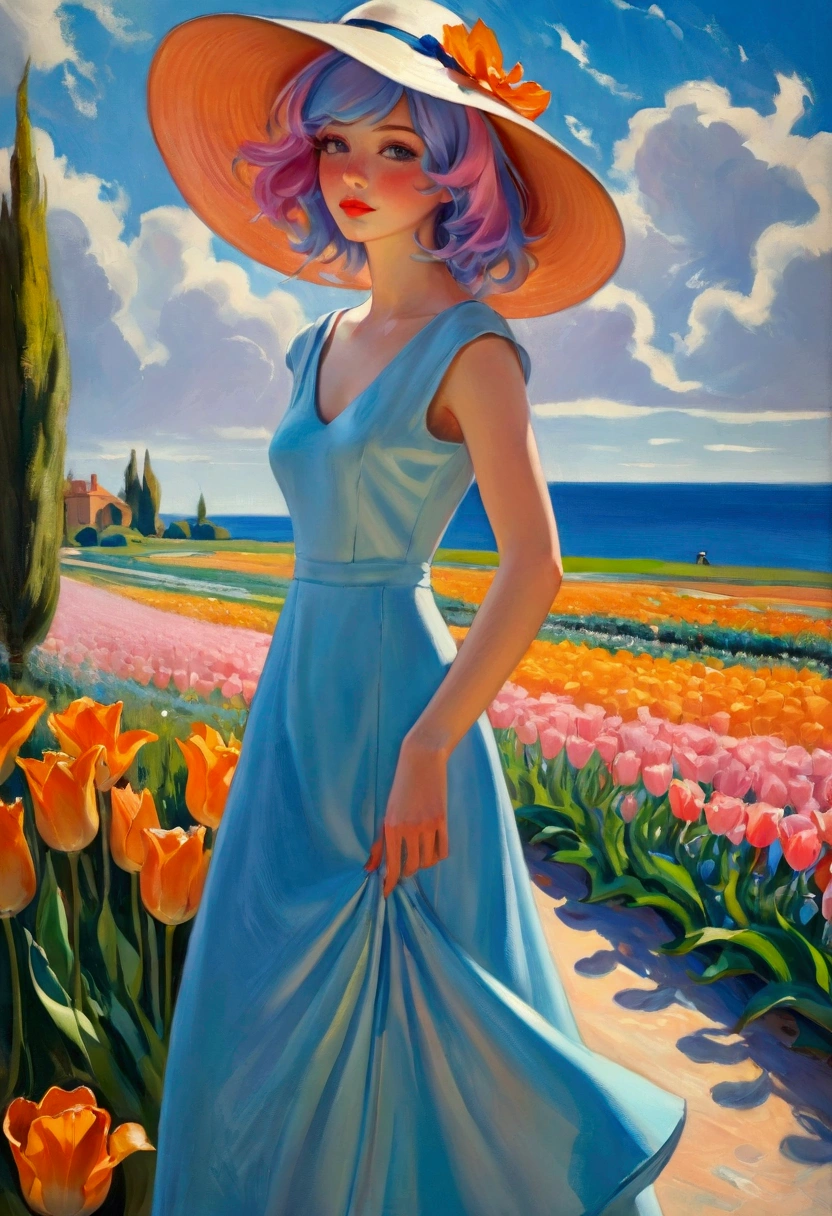 ((Inspired by Charles Camoin)), (Impressionist Painting), 1 Girl，elegant dress，View from the side，Looking at the audience，(Half blue half pink hair)，water，cloud，Sun hat, [Orange tulip flowers], ((best quality, masterpiece)), projected inset,vanishing point,backlighting