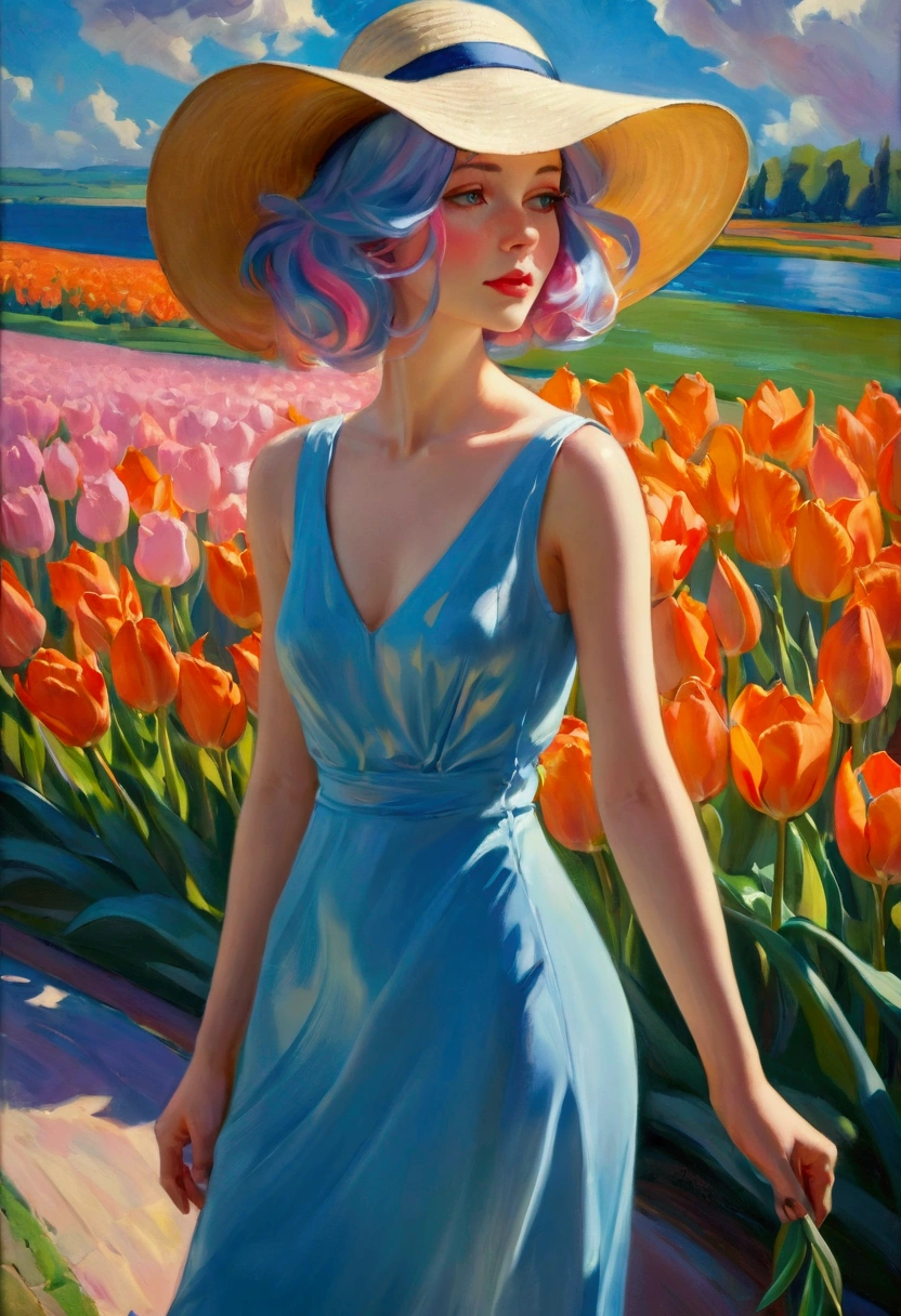 ((Inspired by Charles Camoin)), (Impressionist Painting), 1 Girl，elegant dress，View from the side，Looking at the audience，(Half blue half pink hair)，water，cloud，Sun hat, [Orange tulip flowers], ((best quality, masterpiece)), projected inset,vanishing point,backlighting