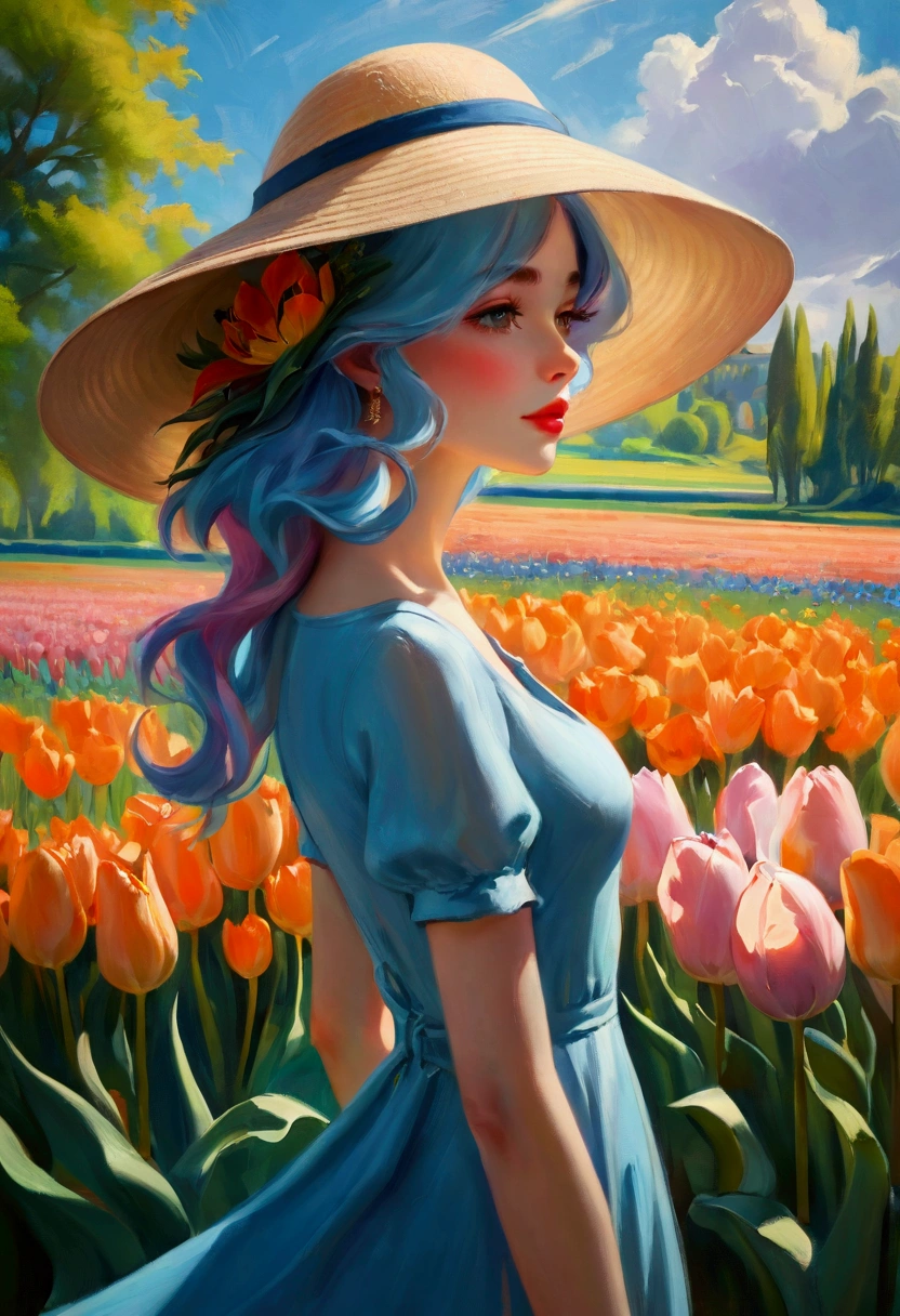 ((Inspired by Charles Camoin)), (Impressionist Painting), 1 Girl，elegant dress，View from the side，Looking at the audience，(Half blue half pink hair)，water，cloud，Sun hat, [Orange tulip flowers], ((best quality, masterpiece)), projected inset,vanishing point,backlighting