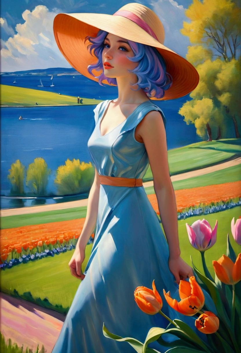 ((Inspired by Charles Camoin)), (Impressionist Painting), 1 Girl，elegant dress，View from the side，Looking at the audience，(Half blue half pink hair)，water，cloud，Sun hat, [Orange tulip flowers], ((best quality, masterpiece)), projected inset,vanishing point,backlighting