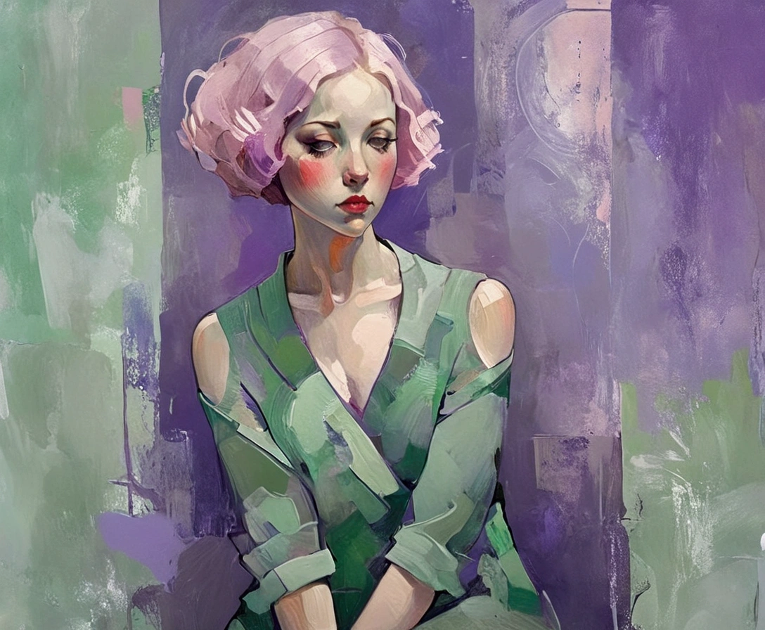 Create a portrait of a young woman in a semi-reclining pose with a pensive expression. Her eyes never leave yours, sparkling with a mixture of vulnerability and raw sensuality. Use a painterly style inspired by Malcolm Liepke, characterized by expressive brushstrokes and rich texture. Employ a color palette of muted greens, soft pinks, deep purples, and subtle flesh tones to evoke a sense of depth and emotion. The background should consist of abstract, textured layers in complementary colors, blending seamlessly with the figure. Pay attention to the contrast between the smooth, detailed rendering of the face and the rough, textured application of paint in the surrounding areas. Capture the delicate balance of vulnerability and strength in the subject's gaze and posture