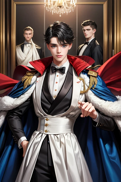 
masterpiece, 最high quality, high quality, 1 boy, alone, Male focus, Watching the audience,  Messy black hair, Adorable big blue eyes, White, Noble, Noble,A sexy, voluminous, puffy cape、tuxedo、A very voluminous, large, very large, very large, long, long red and black cape with a high stand-up collar, made of a lot of fabric that reaches down to the floor., 17 years old,Cute beautiful boys,Cute, cute, kind, handsome guy