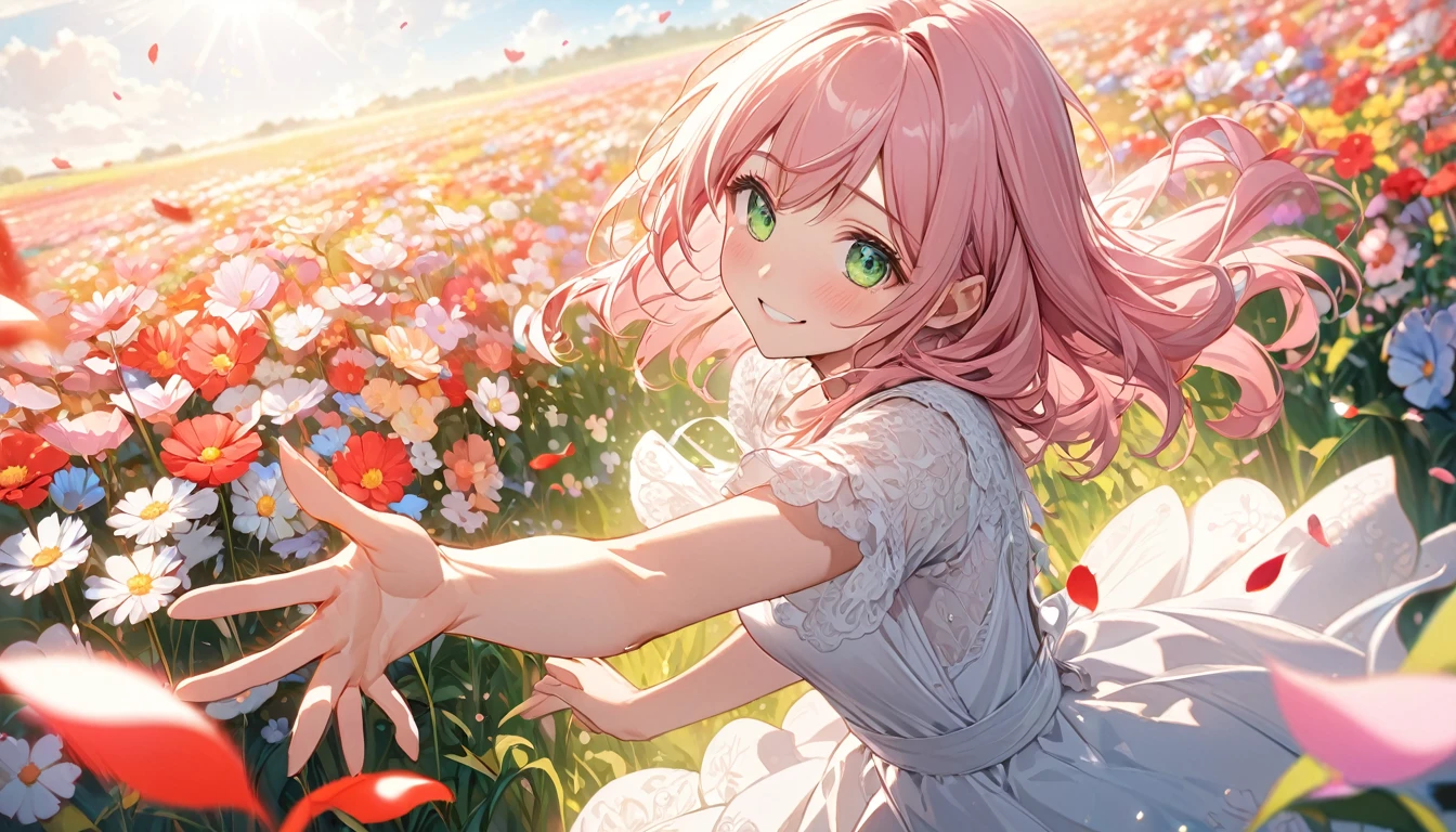 **186. One person。Scenes of friendship and love。girl。Cowboy shot or close-up。masterpiece, best quality, ultra detailed (Detailed fingers), (Emotional), (main part: 1.2 Whole body。), (Anime Style), (Very detailed), (Moving), (超High resolution, High resolution), (8k), (High resolution: 1.2), (Complex and beautiful: 1.2)**
- background: Beautiful flower fields in full bloom、Soft sunlight。
- girl: A simple, delicately drawn dress、Pink hair and green eyes。
-pose: Standing in a flower field、Reaching out。
-expression: A gentle smiling face、His gaze is fixed on someone。
- Effects: Petals fluttering down、The sunlight envelopes her。
-color: The vivid colors of the flower fields and the warmth of the sunlight、Movingな雰囲気を作り出す。