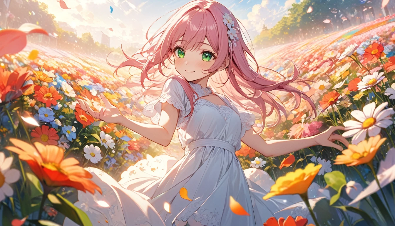 **186. One person。Scenes of friendship and love。girl。Cowboy shot or close-up。masterpiece, best quality, ultra detailed (Detailed fingers), (Emotional), (main part: 1.2 Whole body。), (Anime Style), (Very detailed), (Moving), (超High resolution, High resolution), (8k), (High resolution: 1.2), (Complex and beautiful: 1.2)**
- background: Beautiful flower fields in full bloom、Soft sunlight。
- girl: A simple, delicately drawn dress、Pink hair and green eyes。
-pose: Standing in a flower field、Reaching out。
-expression: A gentle smiling face、His gaze is fixed on someone。
- Effects: Petals fluttering down、The sunlight envelopes her。
-color: The vivid colors of the flower fields and the warmth of the sunlight、Movingな雰囲気を作り出す。