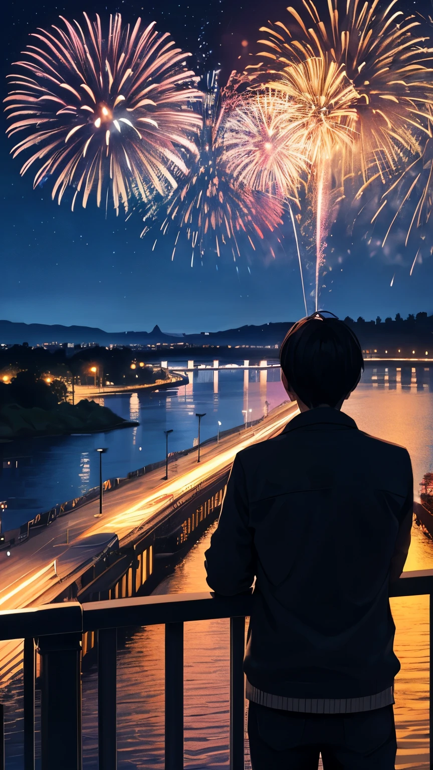 Detail, ultra quality, a lot of fireworks, full fireworks on the night sky, night time, across the river, a man watching fireworks on a building across the river, view from behind, tone black and deep blue, black and deep blue theme