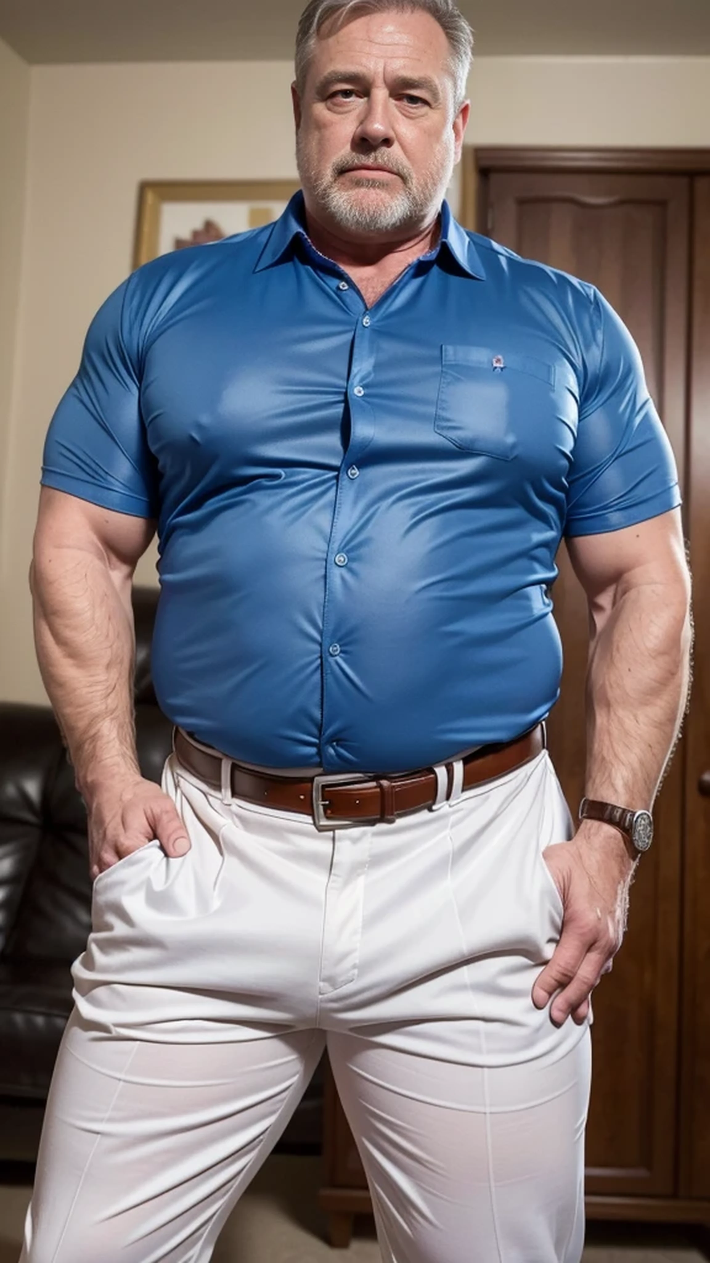 (best quality,4k,8k,highres,masterpiece:1.2), age 60, white man, horny disgusting, muscular chubby, kind, open blue shirt , mature daddy, Dress Pants with big hard bulge, hairy chest hard nipple, belt, loafer,