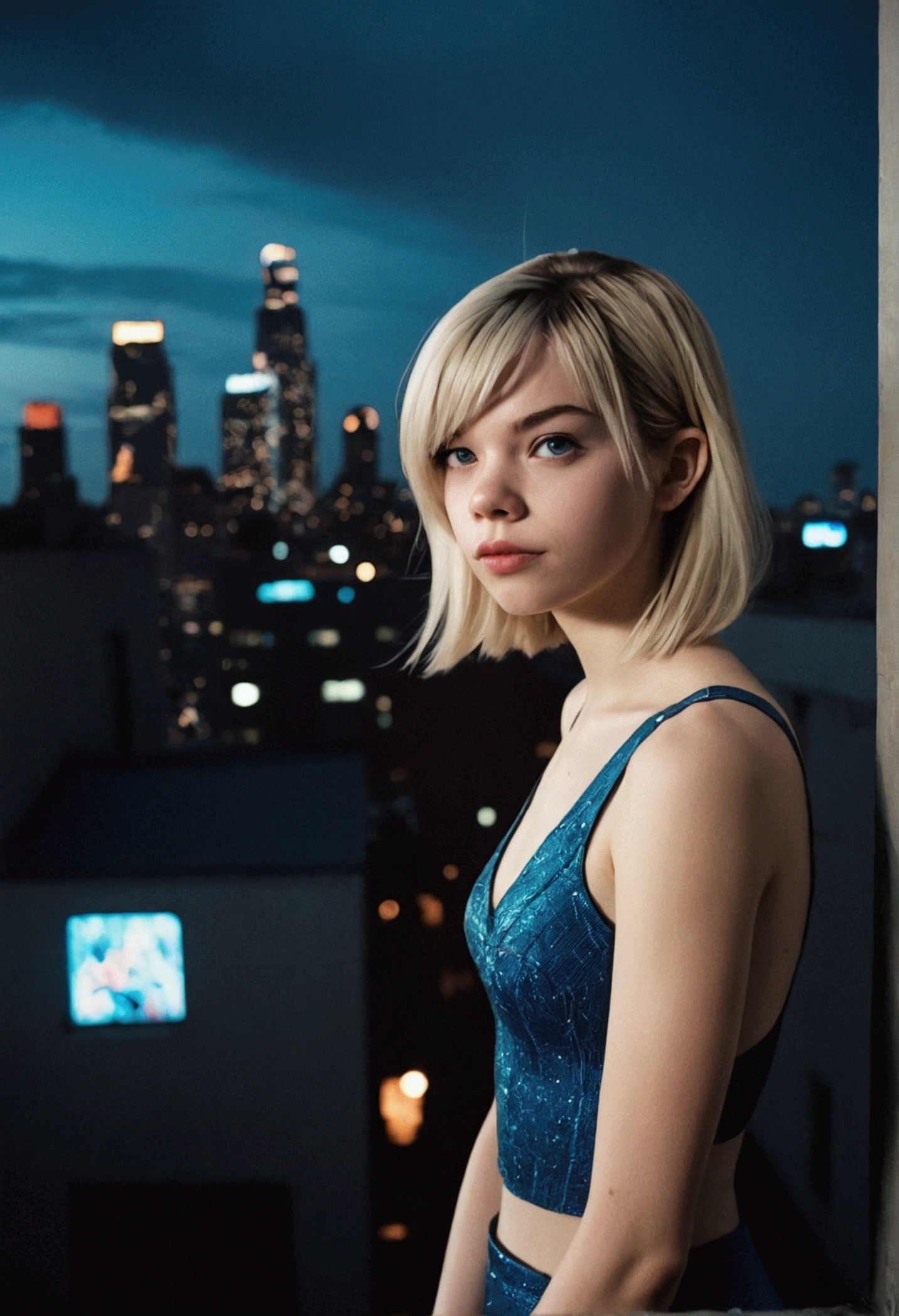analog film photo, photo of a Gwen Stacy from Into the Spider-Verse, blonde emo shag undercut, blue eyes, resembles Hailee Steinfeld, posing above an apocalyptic city skyline, nighttime, RAW Photograph, dslr, soft lighting, high quality, film grain, Fujifilm XT3, detailed skin with visible pores, insane details, masterpiece, 8k, 35mm photograph, dslr, kodachrome, faded film, desaturated, grainy, vintage, Lomography, stained, highly detailed, found footage, full-body shot
