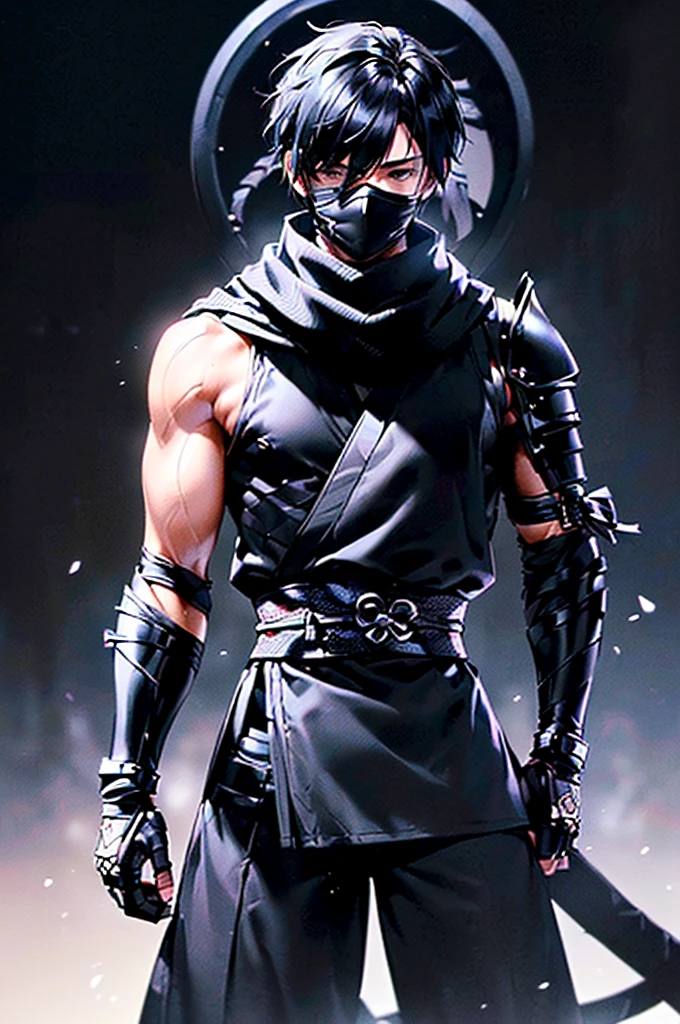 (((masterpiece; best quality: 1.2))), (finely detailed eyes: 1.3), ((1 young man)), ((solo)), (black eyes: 1.4), (body shape; lean, masculine: 1.3), (very short black hair: 1.3), (beautiful and clear background: 1.2), ((depth of field)), (equipment: black shinobi clothing + fully covered + black kimono + black pants + black scarf + black bracers + black fingerless gloves: 1.3), (anime illustration: 1.2), (background composition; old japanese mansion + night: 1.1), (extremely fine and handsome: 1.1), (shot composition; standing, holding black hard mask in hand + centered on torso + close-up: 1.5), (facial expression; calm, stoic: 1.2)