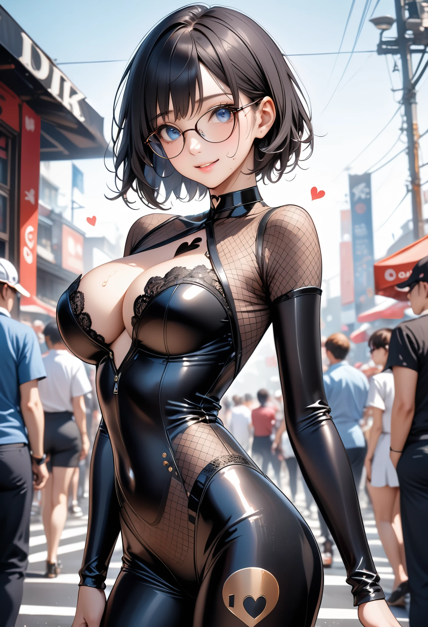  ai-generated,One girl,18-year-old,Perfect hands, Perfect Fingers,Perfect Anatomy, masterpiece, Highest quality,Realistic, hyperRealistic, 16k hdr,, pain, short hair, Black Hair, blue eyes, Glasses, (Sexy Lace Queen,Bodysuits,Grid Girl Costume Print Logo,:1.2),Outdoor,Are standing,(Sweat:1.2),(Smile),Large Breasts,choker,(Sexy pose:1.2),(heart dress_keyhole_Cleavage),