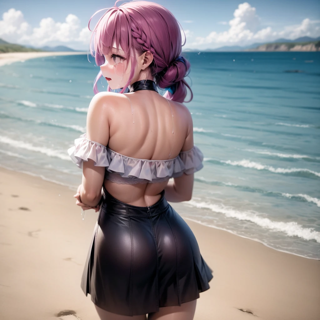 a girl,at the seaside,Leave with your back turned,with tears,profile,cry,Hugging knees and crying
