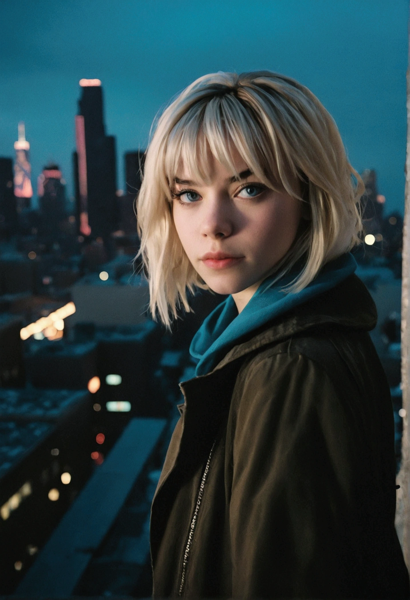 analog film photo, photo of a Gwen Stacy from Into the Spider-Verse, blonde emo shag hairstyle, blue eyes, resembles Hailee Steinfeld, posing above an apocalyptic city skyline, nighttime, RAW Photograph, dslr, soft lighting, high quality, film grain, Fujifilm XT3, detailed skin with visible pores, insane details, masterpiece, 8k, 35mm photograph, dslr, kodachrome, faded film, desaturated, grainy, vintage, Lomography, stained, highly detailed, found footage, full-body shot 