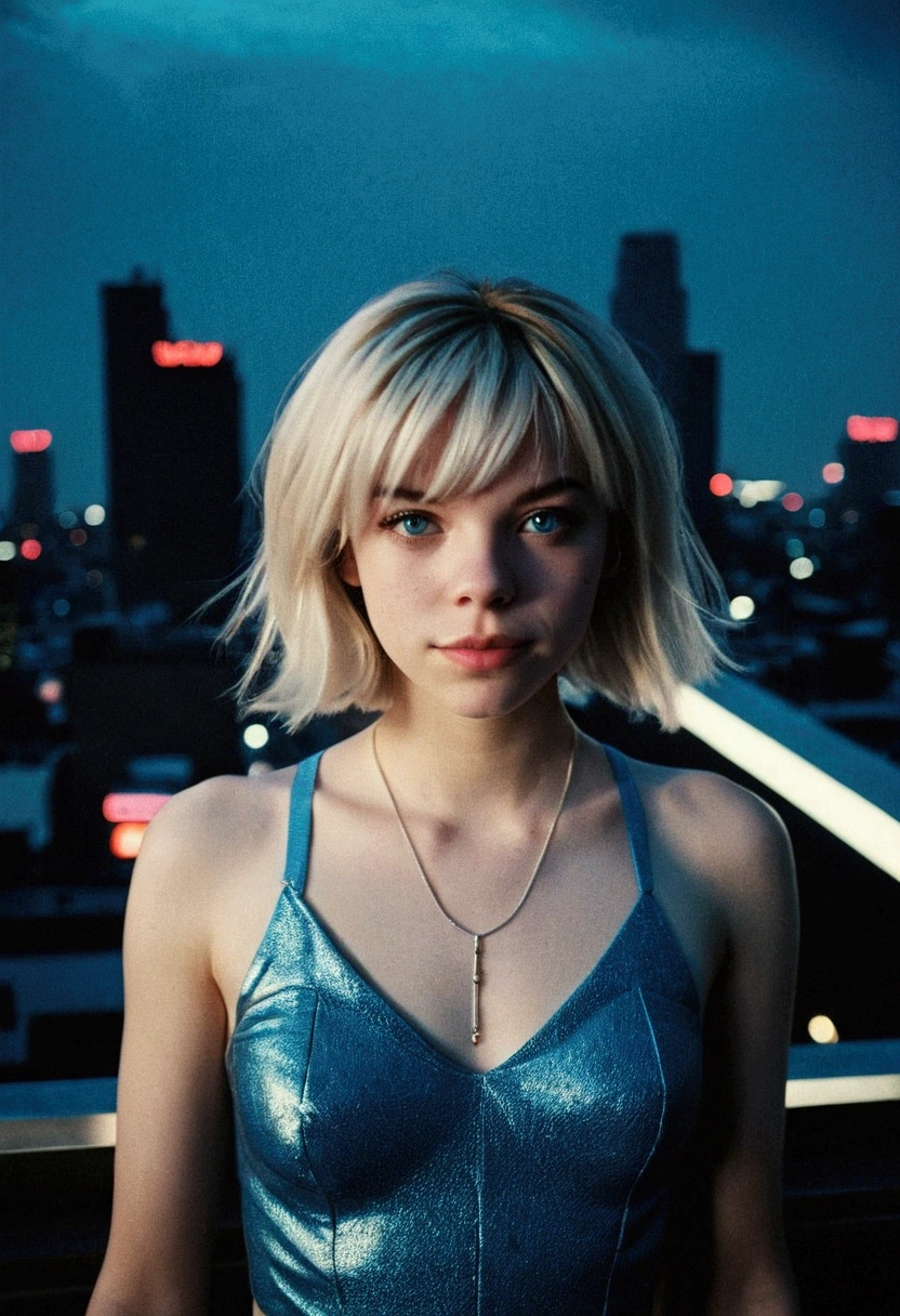 analog film photo, photo of a Gwen Stacy from Into the Spider-Verse, blonde emo shag hairstyle, blue eyes, resembles Hailee Steinfeld, posing above an apocalyptic city skyline, nighttime, RAW Photograph, dslr, soft lighting, high quality, film grain, Fujifilm XT3, detailed skin with visible pores, insane details, masterpiece, 8k, 35mm photograph, dslr, kodachrome, faded film, desaturated, grainy, vintage, Lomography, stained, highly detailed, found footage, full-body shot