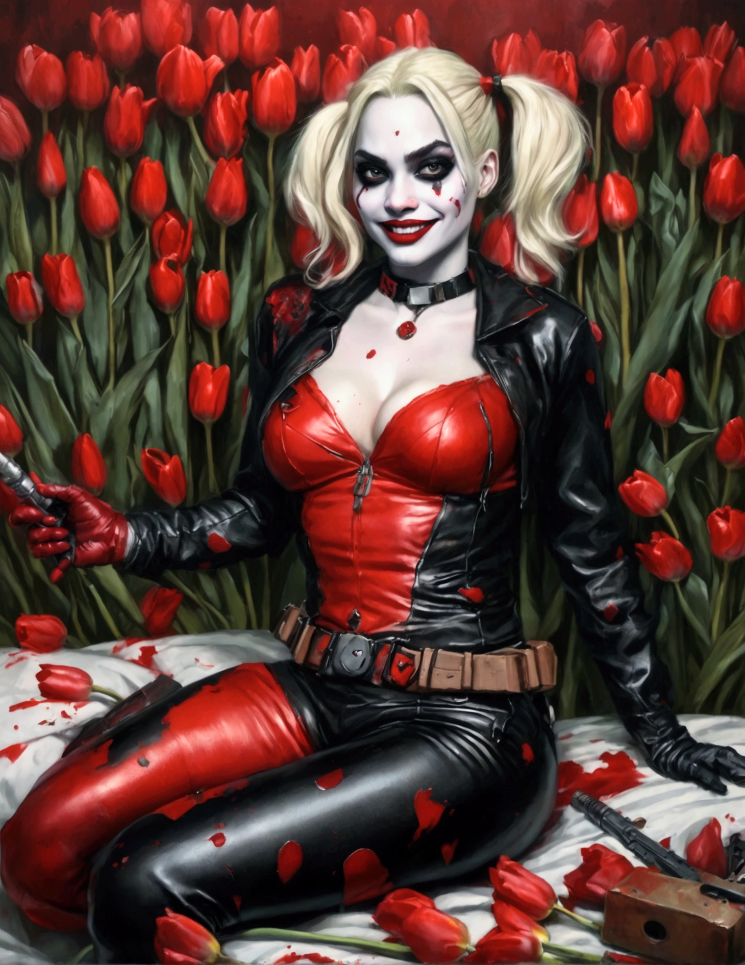 Harley Quinn, hyper realistic, extremely revealing outfit black and red, classic makeup, battered and bruised, crazy happy look, lying on a bed of tulips, weapons nearby, holding a bloody tulip