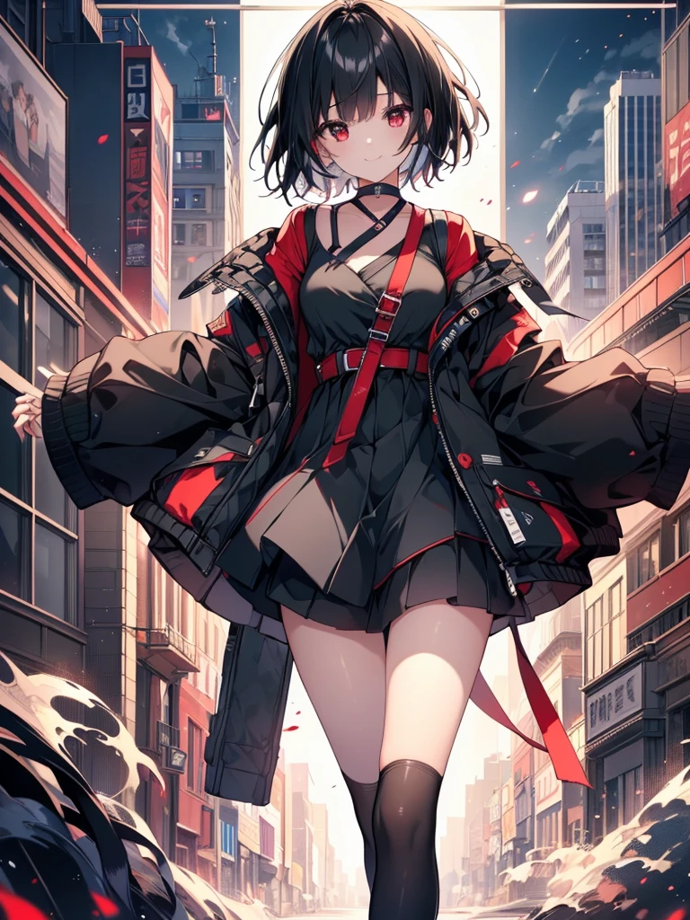 (masterpiece, highest quality, highest quality, (No text), Beautiful and aesthetic:1.2),No text,アニメ、BREAK,One Girl,Black Hair Girl short hair older sister choker Beautiful eyes Red eyes cool smile Black and Red Cute clothes Black jacket stockings whole body In town