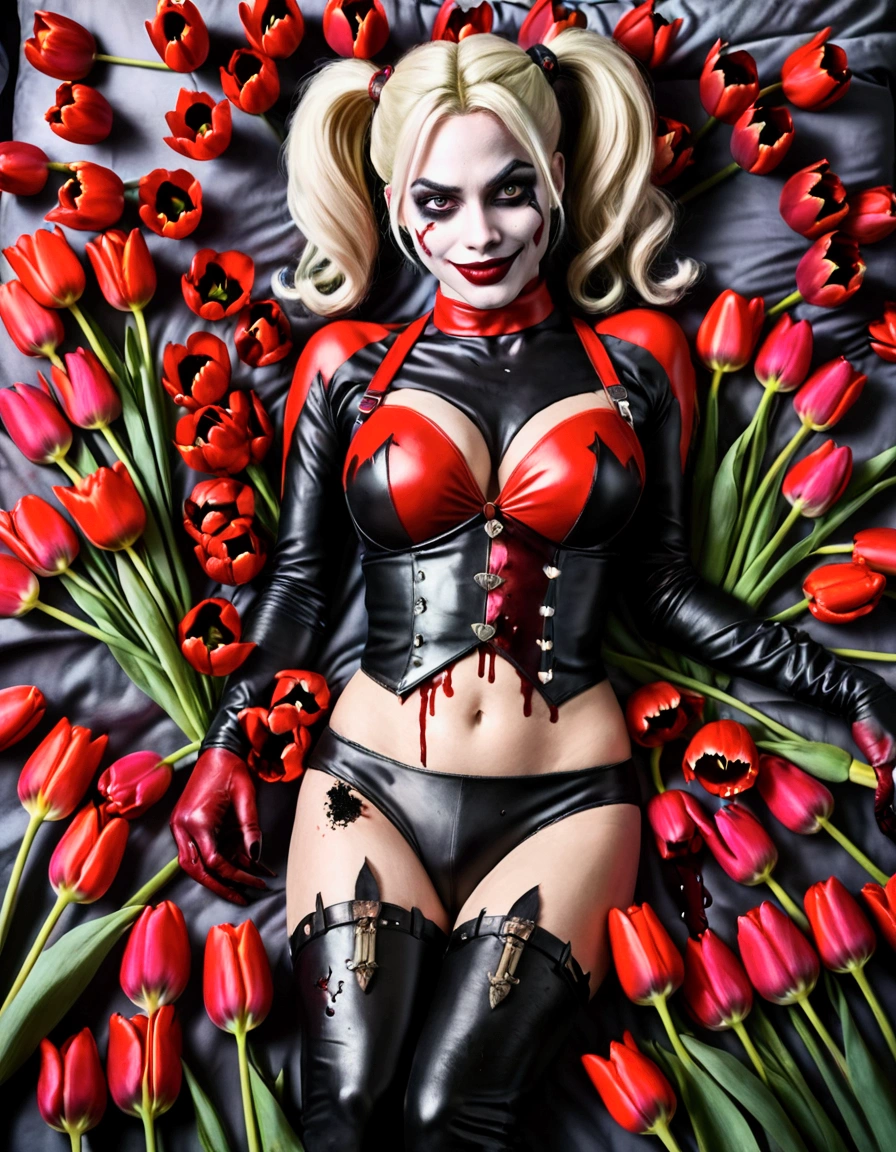 Harley Quinn, hyper realistic, extremely revealing outfit black and red, classic makeup, battered and bruised, crazy happy look, lying on a bed of tulips, weapons nearby, holding a bloody tulip