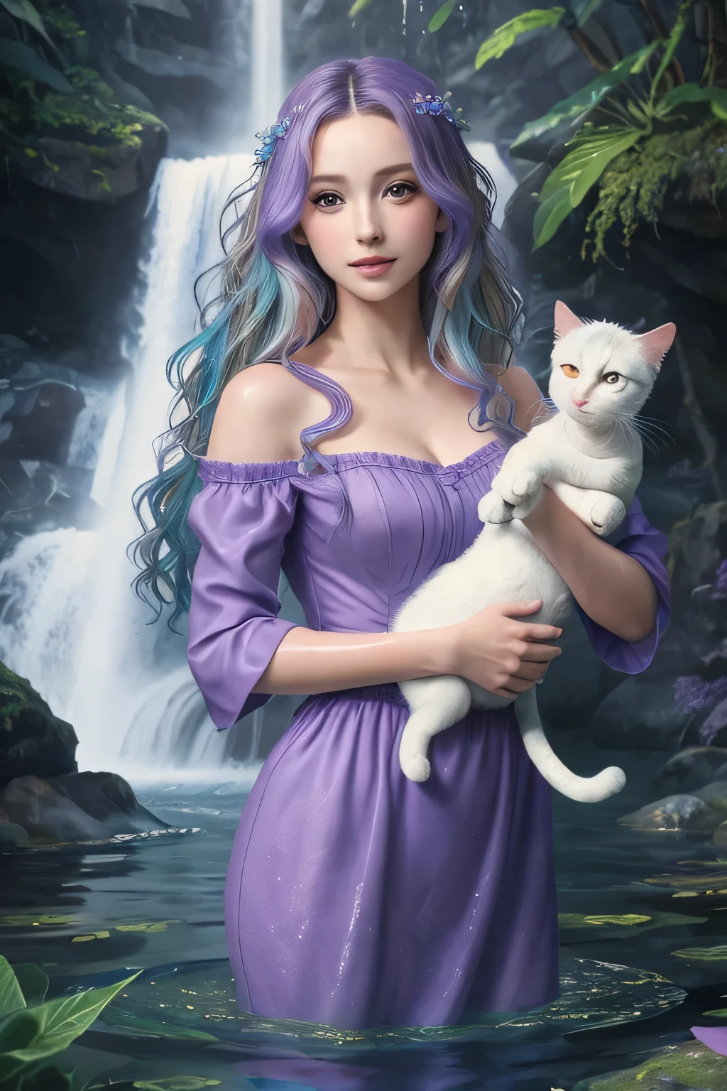 ((best quality)), ((masterpiece)), (detailed), water fairy with innocent face and very long wavy lilac haired with blue highlights , wearing purple dress and holding cats, fully submerged dipped in waterfalls, HD, 8k