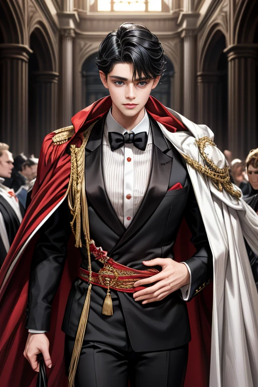 masterpiece, 最high quality, high quality, 1 boy, alone, Male focus, Watching the audience, Messy black hair, Adorable big blue eyes, White people, Noble, Noble,Sexy voluminous black and red cape、Tuxedo、A very voluminous, large, very large, very large, long, long red and black cape with a high stand-up collar, reaching down to the floor, made of a lot of fabric., 17 years old,Cute beautiful boys,Cute, cute, kind, handsome guy