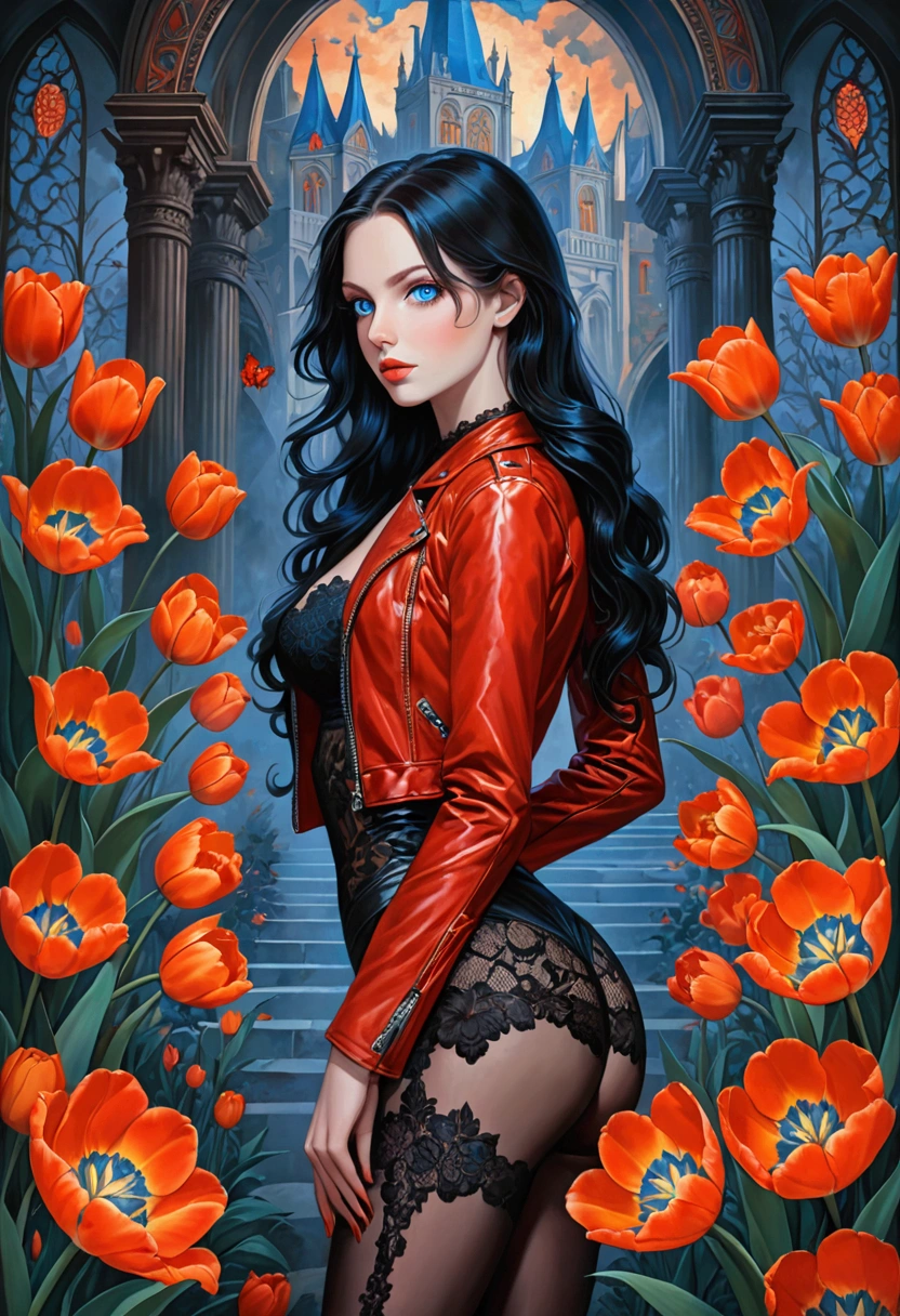 ((Intricate details)),dark fantasy style, GLOOMY AMBIANCE, (Beautiful succubus girl, Long hair), (Beautiful symmetrical blue eyes), (Sexy black lace outfit), (Red leather jacket),  (Orange tulip flowers), cool, Various shades and gradients, Clear focus, Dynamic poses,  (Ed Blinky&#39;s magnificent paintings, Artie Guerin, author：Jeremy Mann, Greg Manches),(The work is set against a backdrop of magnificent buildings that combine classical and Gothic styles.)