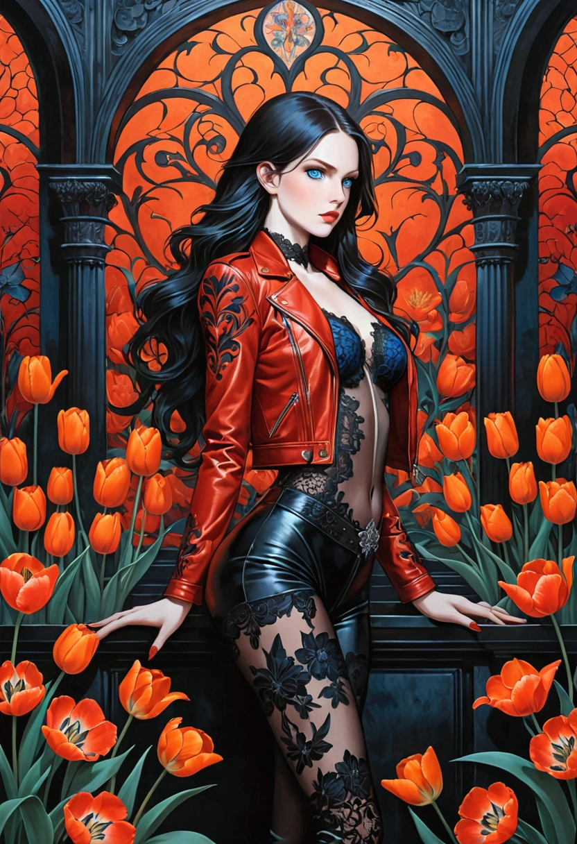((Intricate details)),dark fantasy style, GLOOMY AMBIANCE, (Beautiful succubus girl, Long hair), (Beautiful symmetrical blue eyes), (Sexy black lace outfit), (Red leather jacket), (Orange tulip flowers), cool, Various shades and gradients, Clear focus, Dynamic poses, (Ed Blinky's magnificent paintings, Artie Guerin, author:Jeremy Mann, Greg Manches),(The work is set against a backdrop of magnificent buildings that combine classical and Gothic styles.)