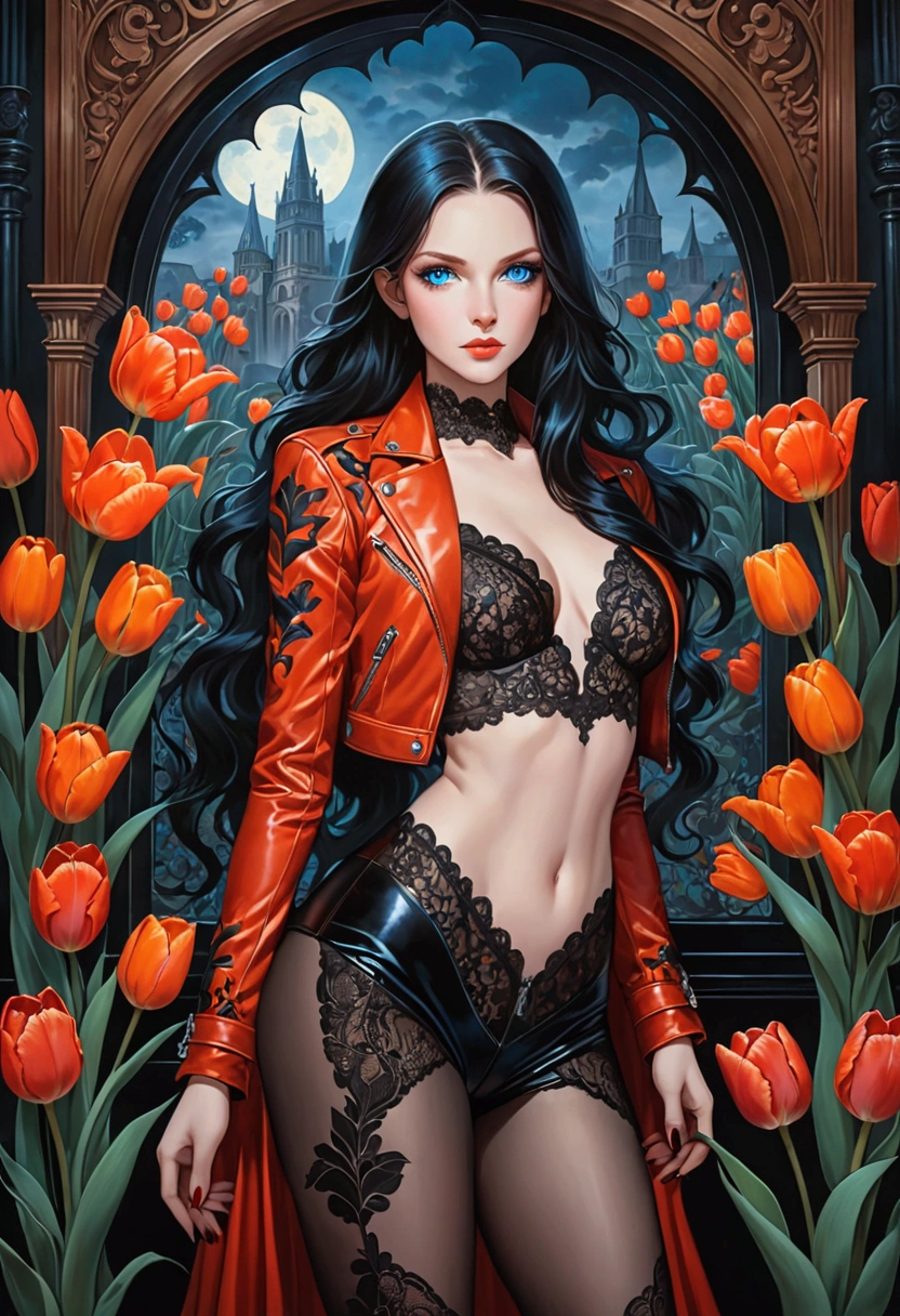 ((Intricate details)),dark fantasy style, GLOOMY AMBIANCE, (Beautiful succubus girl, Long hair), (Beautiful symmetrical blue eyes), (Sexy black lace outfit), (Red leather jacket), (Orange tulip flowers), cool, Various shades and gradients, Clear focus, Dynamic poses, (Ed Blinky's magnificent paintings, Artie Guerin, author:Jeremy Mann, Greg Manches),(The work is set against a backdrop of magnificent buildings that combine classical and Gothic styles.)