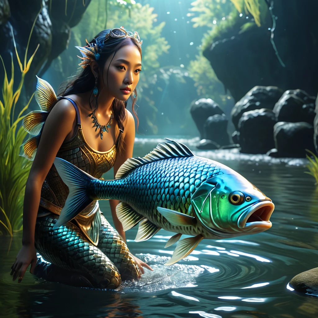 There are fantasy creatures with human faces and fish bodies in the river.，Mysterious Creatures, (best quality，4K，8k，High level，masterpiece：1.2），Ultra Detailed，（lifelike，Photo real，Photo real：1.37），Highly detailed animals，Complex patterns，Realistic lighting，Fantasy Creatures