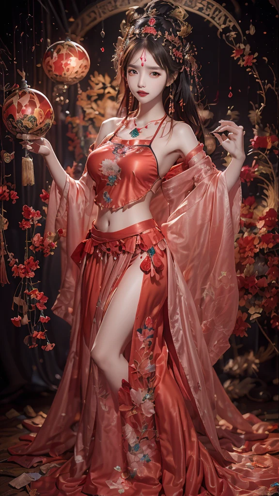 , Su Daji, fantasy style, long skirt (light red), long hair (pink), water (multiple splashes), black background, light leakage,