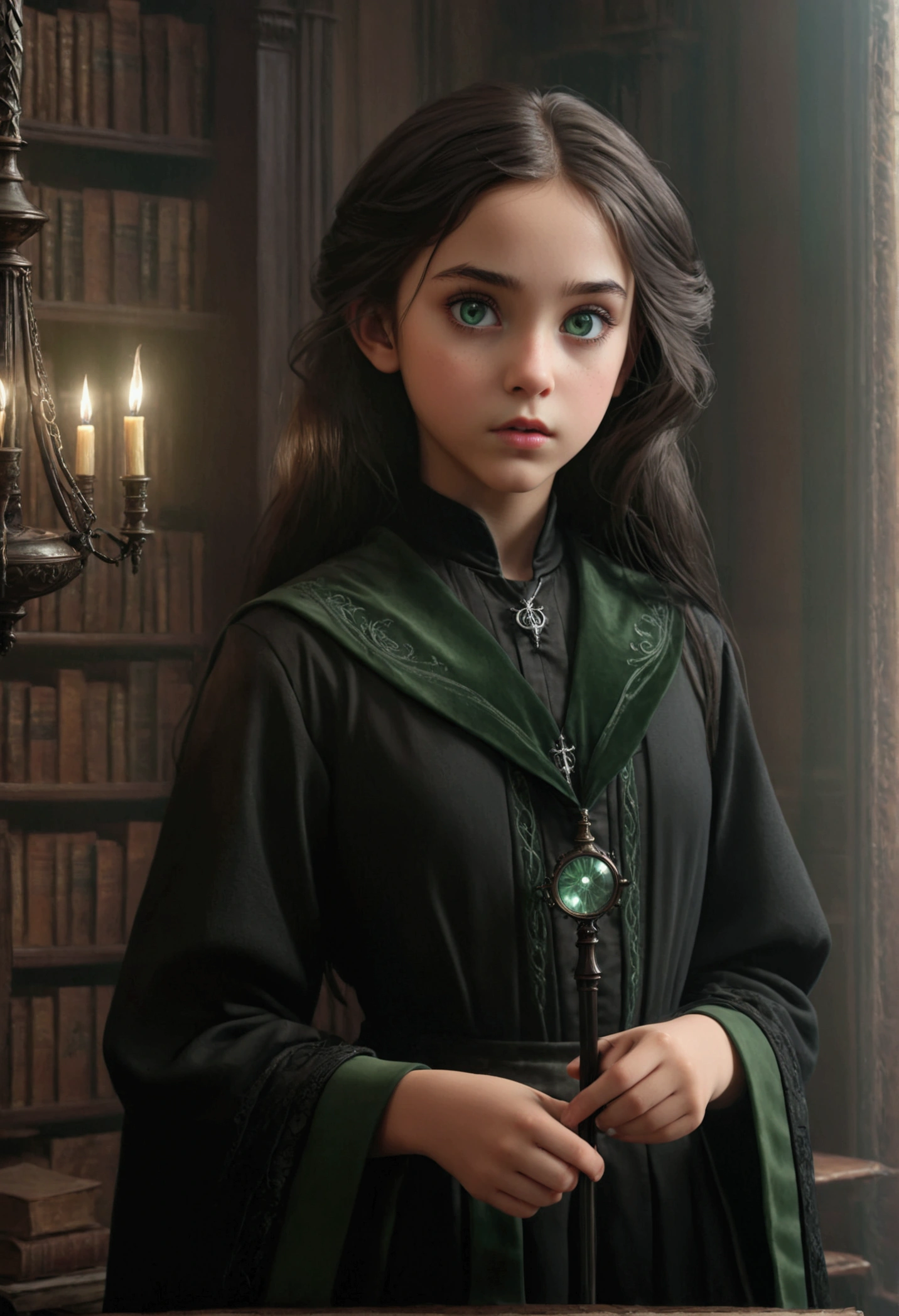 highly detailed portrait of a young girl, beautiful detailed green eyes, beautiful detailed lips, extremely detailed face, long eyelashes, young girl in long black robe, hogwarts uniform, holding magic wand, daughter of severus snape, (((11years old))), black hair , large victorian style mansion, ornate interior, chandelier, bookshelves, (best quality,4k,8k,highres,masterpiece:1.2),ultra-detailed,(realistic,photorealistic,photo-realistic:1.37),dark academia,dramatic lighting,moody atmosphere,rich colors