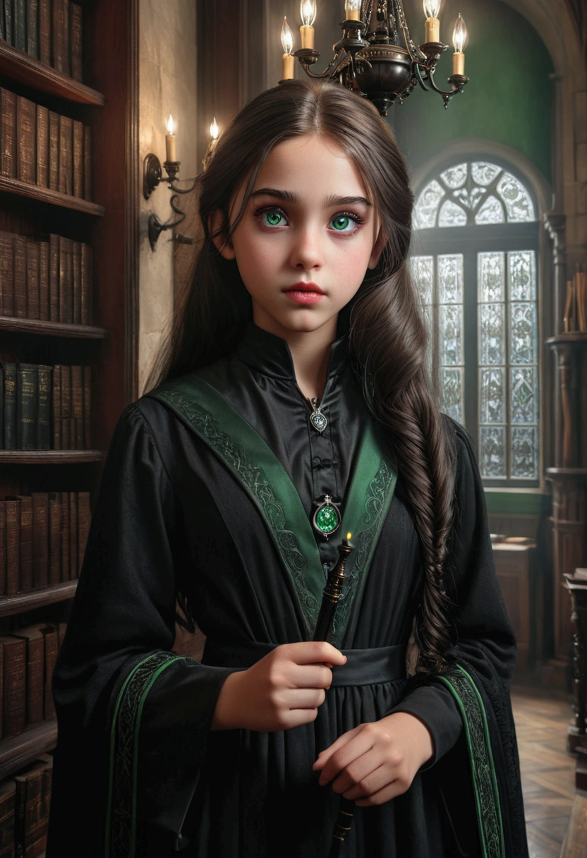 highly detailed portrait of a young girl, beautiful detailed green eyes, beautiful detailed lips, extremely detailed face, long eyelashes, young girl in long black robe, hogwarts uniform, holding magic wand, daughter of severus snape, (((11years old))), black hair , large victorian style mansion, ornate interior, chandelier, bookshelves, (best quality,4k,8k,highres,masterpiece:1.2),ultra-detailed,(realistic,photorealistic,photo-realistic:1.37),dark academia,dramatic lighting,moody atmosphere,rich colors