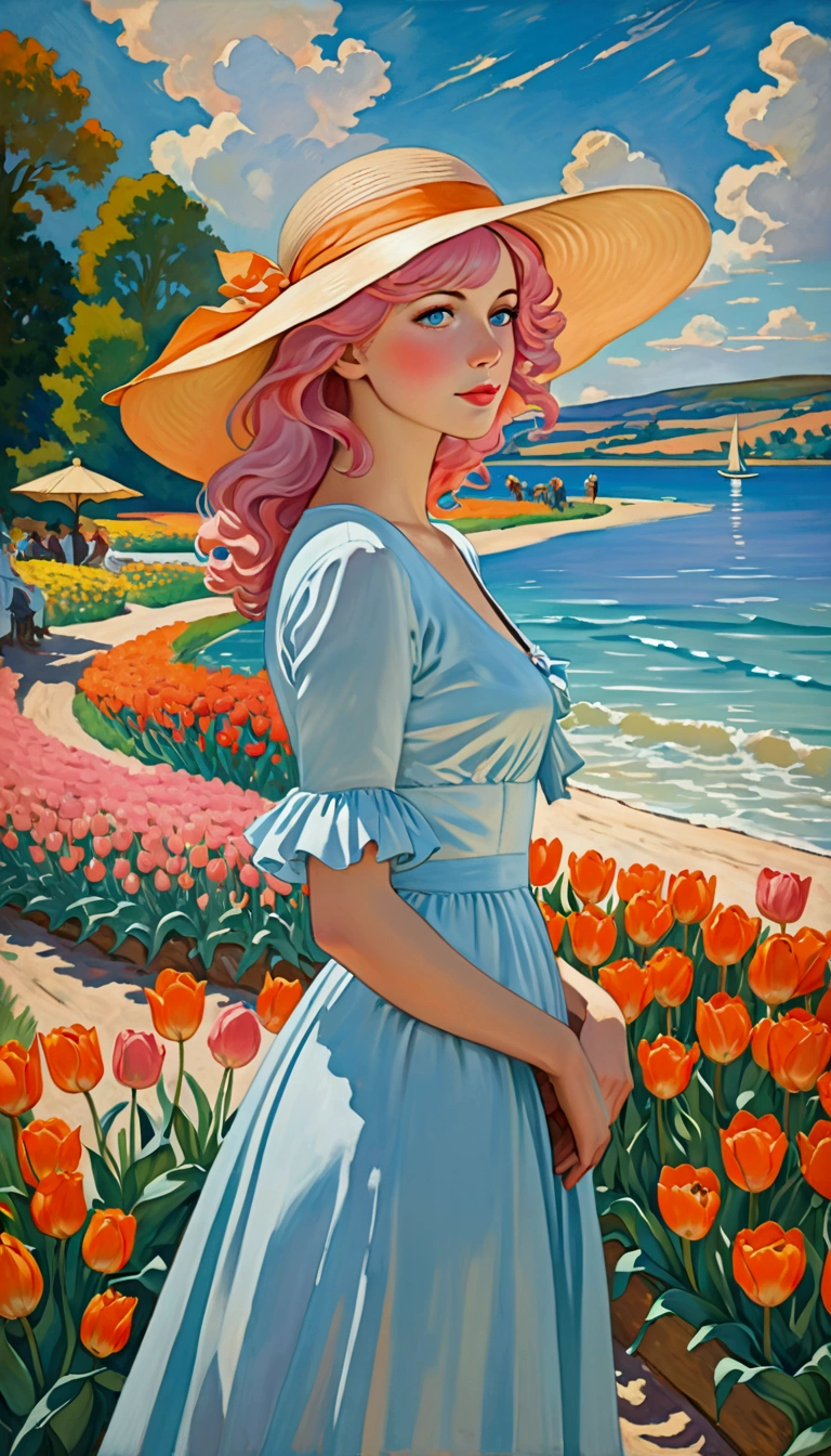 ((Inspired by Charles Camoin)), (Impressionist Painting), 1 Girl，elegant dress，View from the side，Looking at the audience，(Half blue half pink hair)，water，cloud，Sun hat, [Orange tulip flowers], ((best quality, masterpiece)), projected inset,vanishing point,backlighting