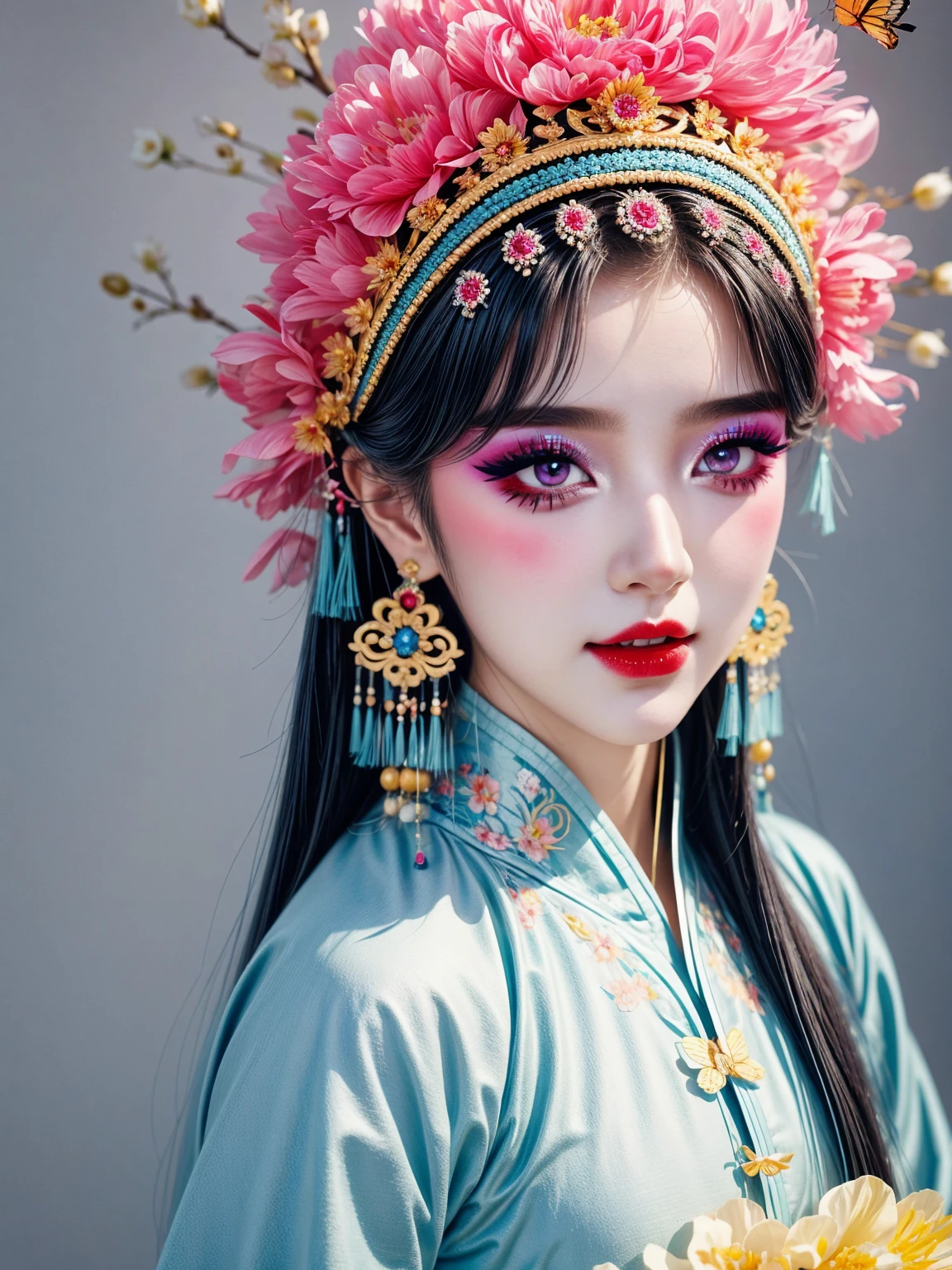 (masterpiece, best quality:1.2，lifelike：1.37), antiquity，Chinese style illustrations：（1 girl, alone，），portrait，Detailed drawing of eyes，eyelash，blush，laughing out loud，long hair，Exquisite makeup，Exquisite headdress，blueGorgeous Hanfu，blur background，Simple，glowing butterfly，Blue：1.37，huge peony flower：1.37，makeup
