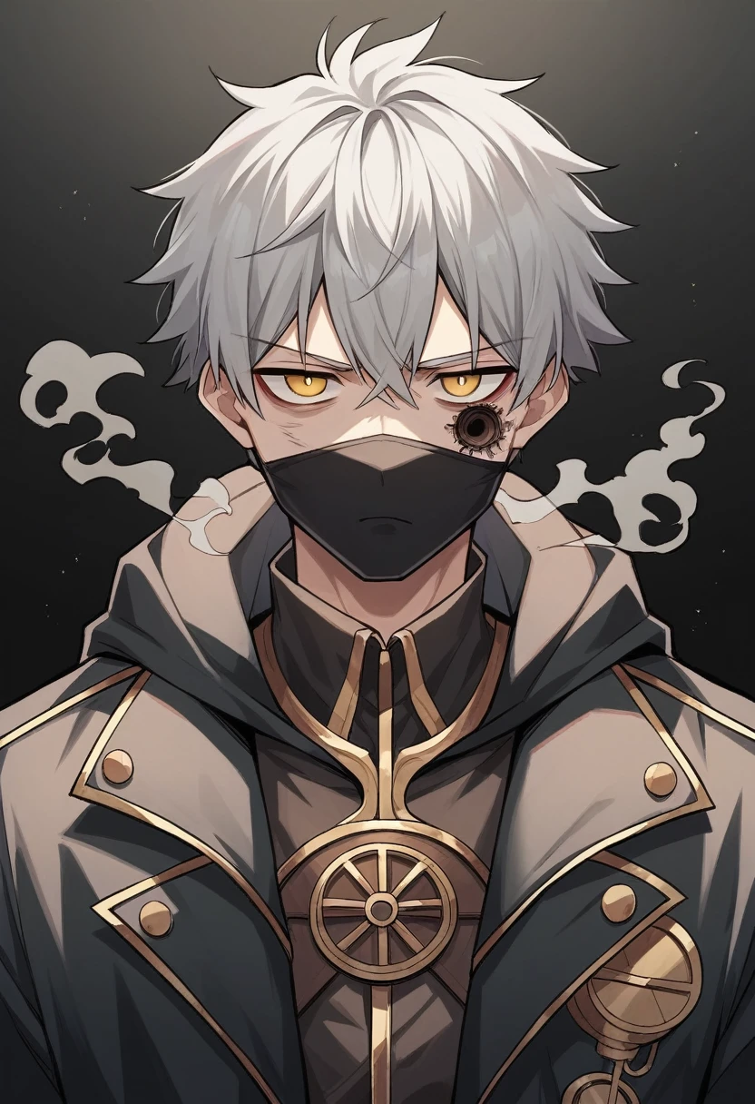 , 1 man, Gray-haired, short hair, drooping head, yellow eyes, Face tattoo, scorched clothes, black pants, Black Mask, accused face, dark circles, hooded jacket, youth, Smoke coming out of my head, animation style, cartoon , tired face, lifeless face, long hair,excluding masks, sighing lightly, personification of volcano, steampunk