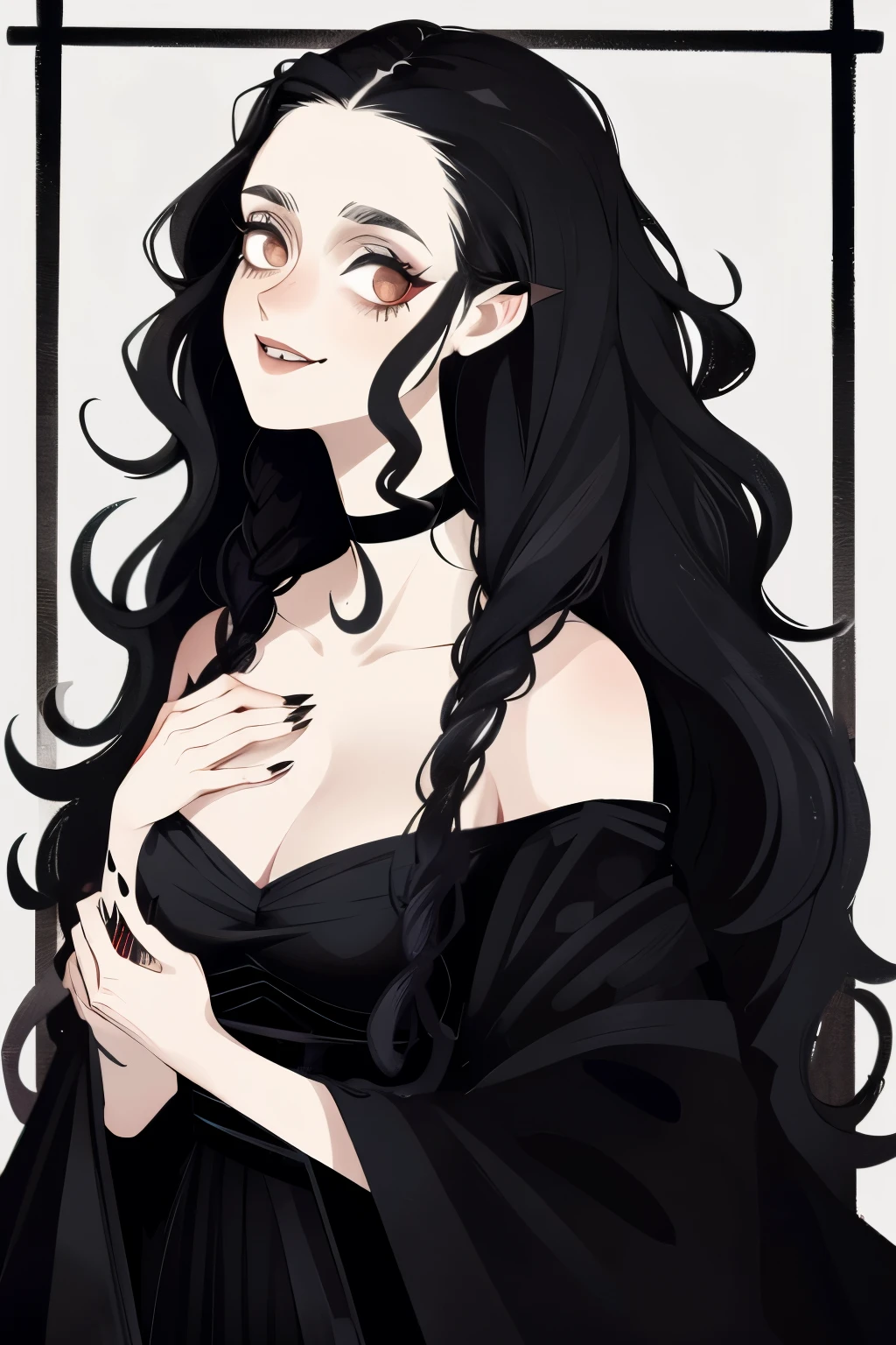 Bellatrix with black long curly wild hair, gothic, wild smile, evil, crazy, thin wand