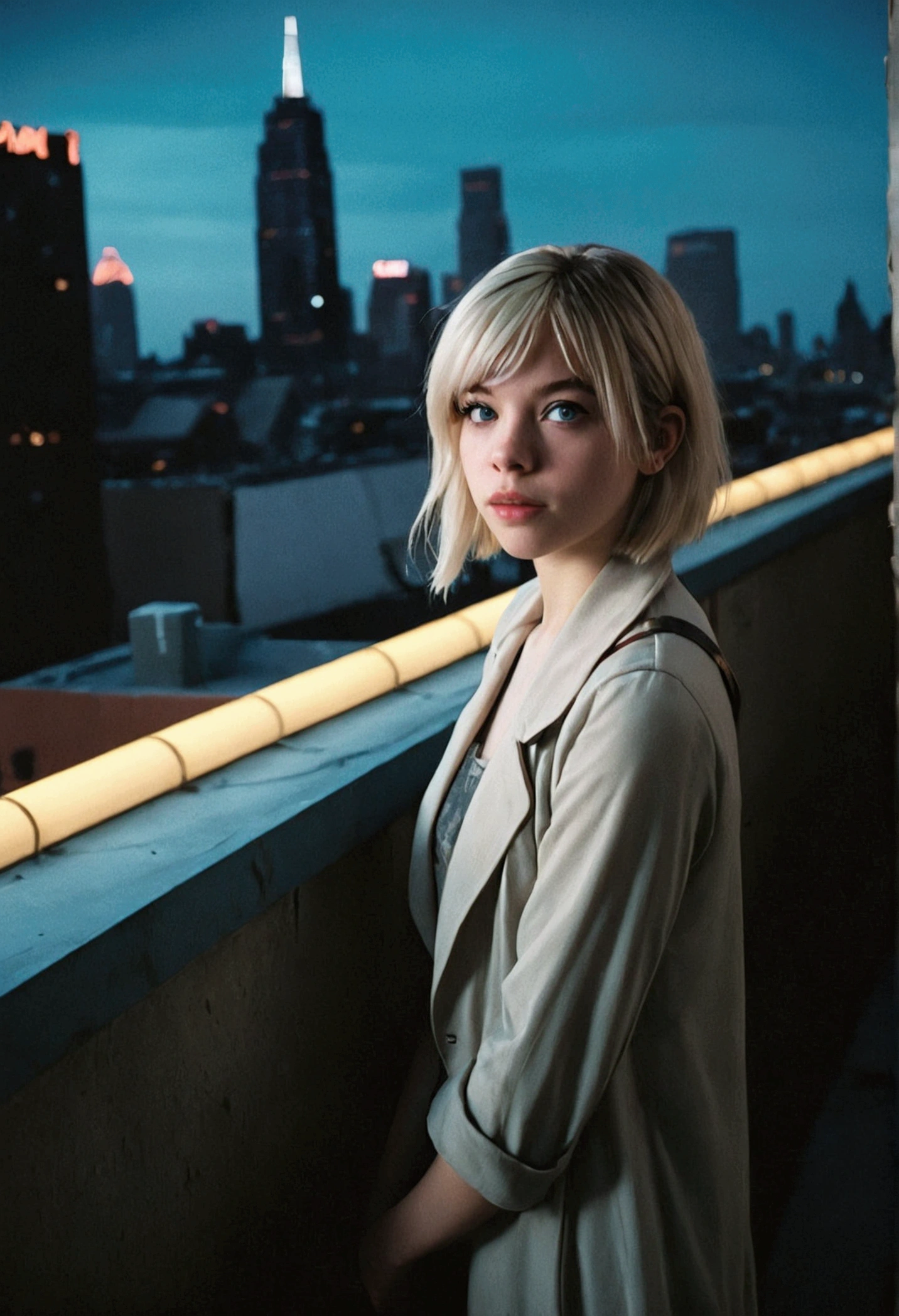 analog film photo, photo of a Gwen Stacy from Into the Spider-Verse, blonde emo shag undercut, blue eyes, resembles Hailee Steinfeld, posing above an apocalyptic city skyline, nighttime, RAW Photograph, dslr, soft lighting, high quality, film grain, Fujifilm XT3, detailed skin with visible pores, insane details, masterpiece, 8k, 35mm photograph, dslr, kodachrome, faded film, desaturated, grainy, vintage, Lomography, stained, highly detailed, found footage, full-body shot